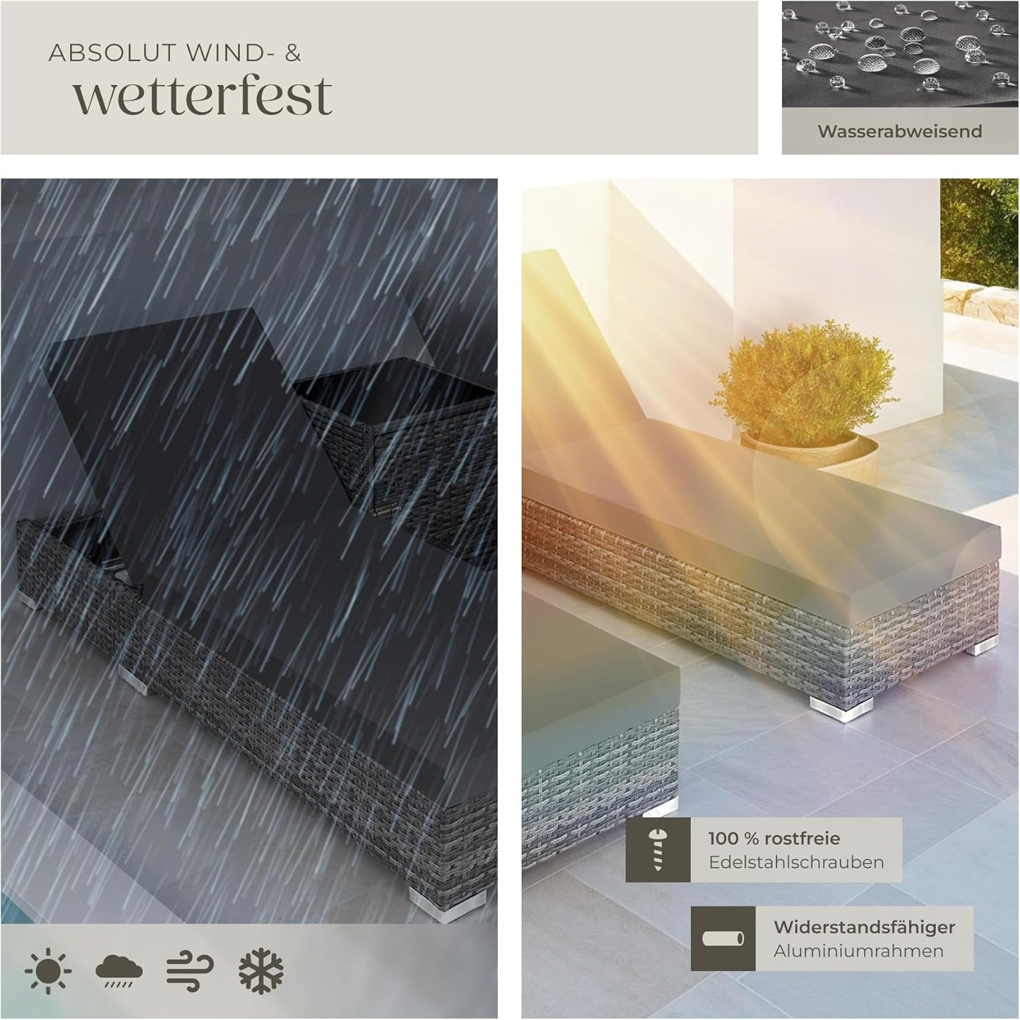 tectake 2er Gartenliege Set mit Tisch - Aluminium & Polyrattan Sonnenliegen, 5-fach Verstellbar, Schutzhülle inklusive