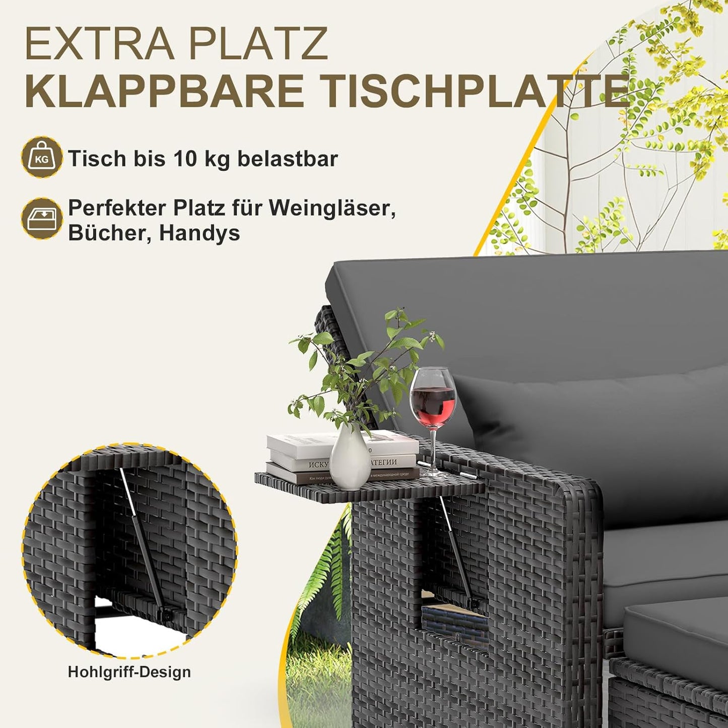 UDPATIO Rattan Lounge Sofa 2-Sitzer Grau meliert mit Hocker & Stauraum, verstellbare Rückenlehne, Metall & PE-Rattan
