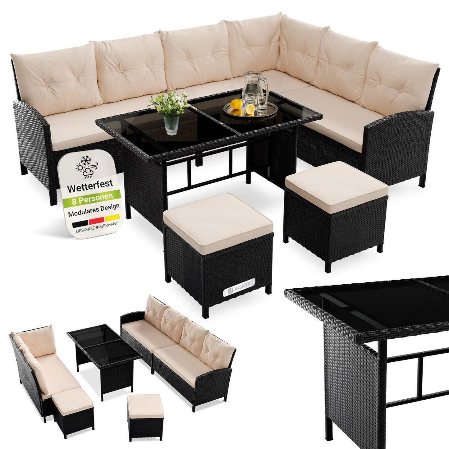 Juskys Polyrattan Gartenlounge Grau – Sitzgruppe mit Ecksofa, Tisch, Hocker, wetterfest, Outdoor Möbel Set