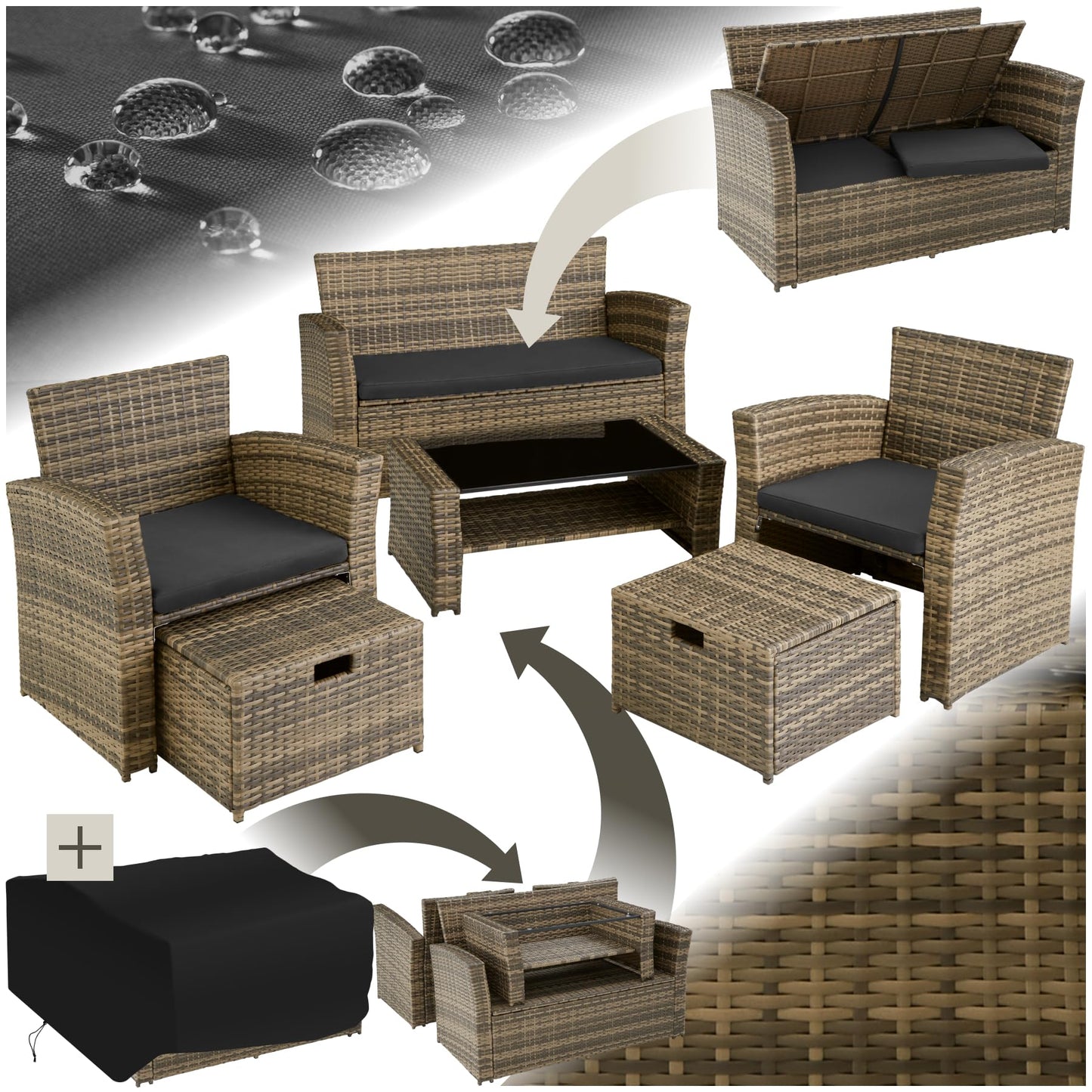 tectake Polyrattan Garten Lounge Set 4 Personen mit Hocker & Auflagenbox, Outdoor Sitzgruppe mit Tisch & Kissen, Balkonmöbel
