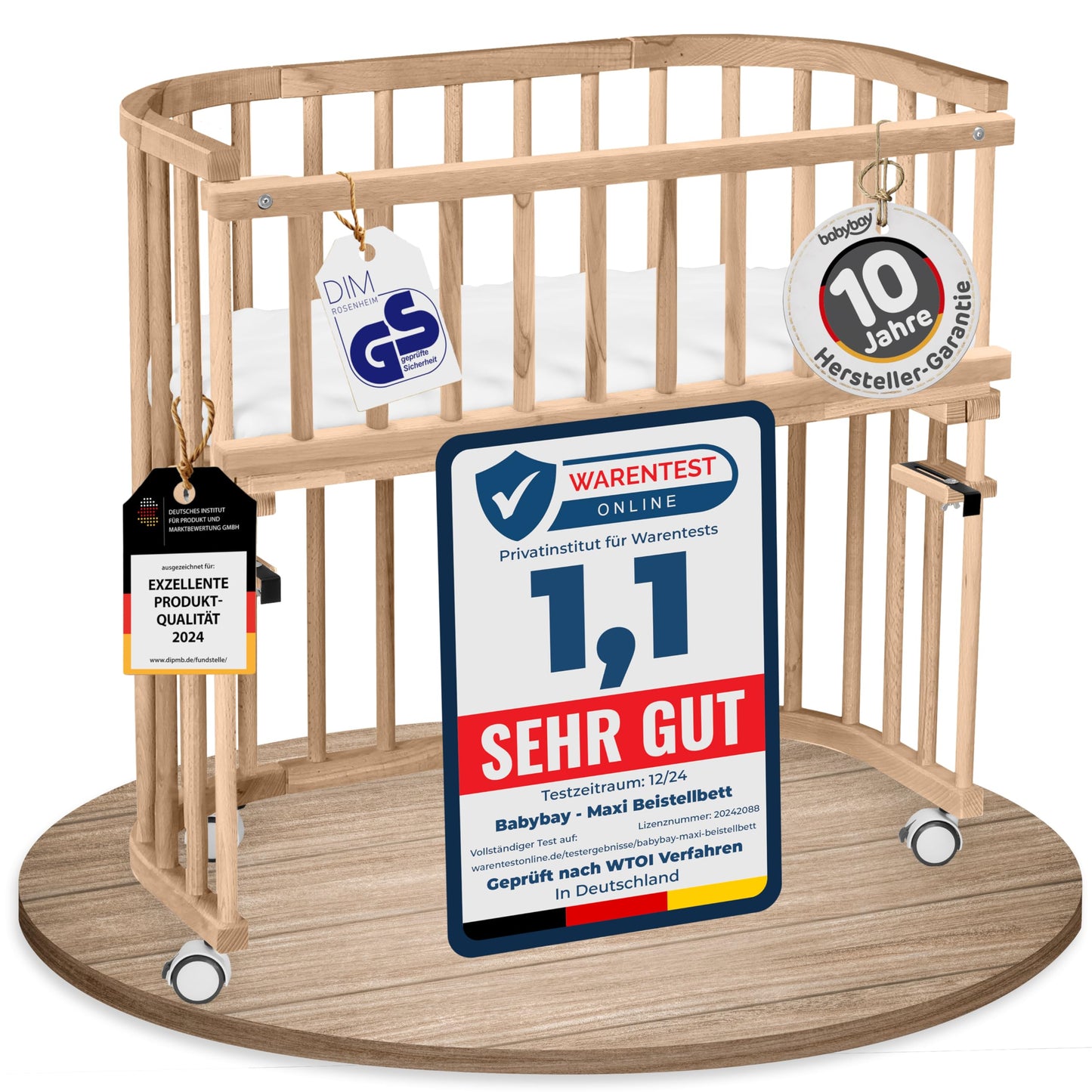 babybay Original Beistellbett aus massivem Buchenholz mit Matratze – Höhenverstellbares mitwachsendes Babybett
