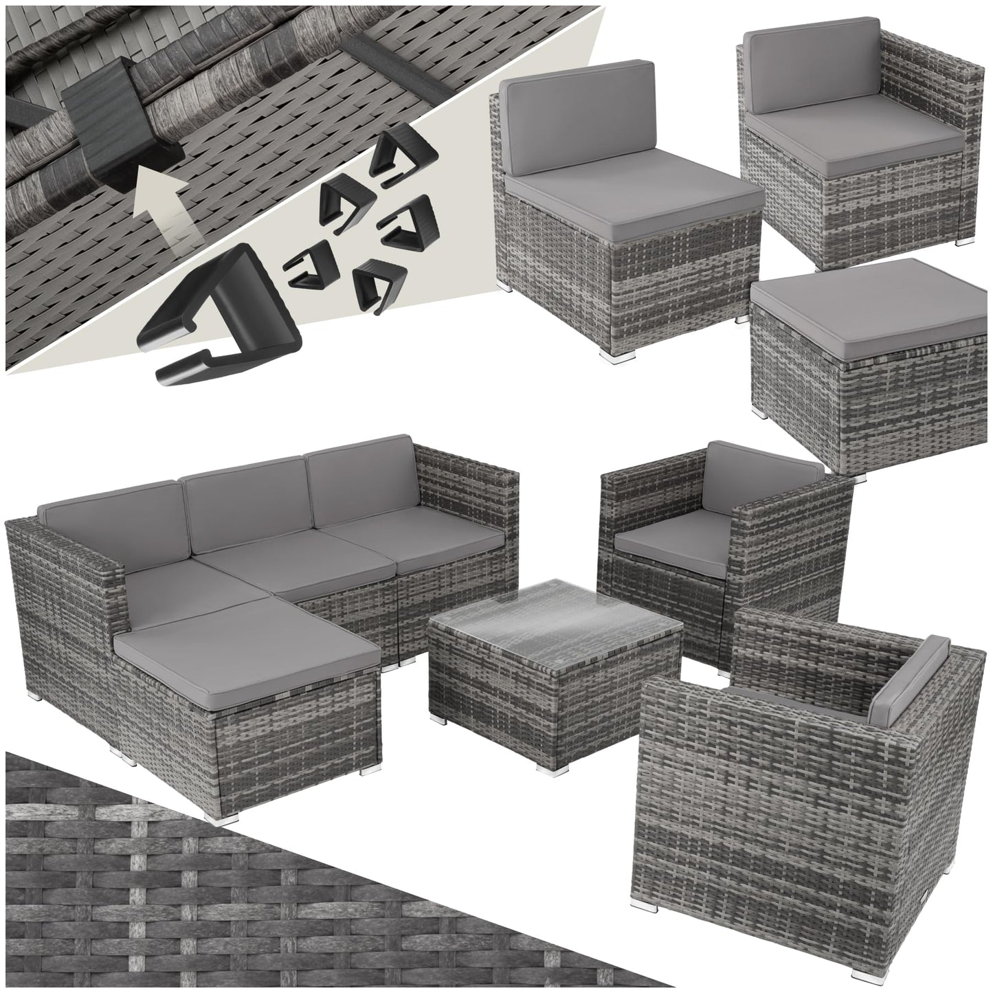 tectake Poly Rattan Lounge Gartenmöbel Set mit Sofa, Sesseln & Tisch – Wetterfeste Outdoor Sitzgruppe