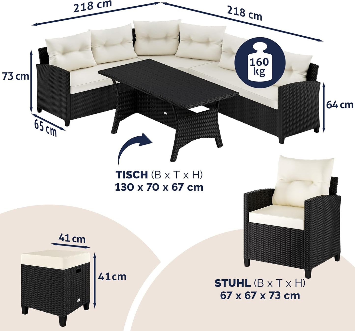 Casaria Polyrattan Ecklounge Set Schwarz mit WPC Tisch, Sessel & 2 Hockern, Wetterfeste Gartenmöbel für Terrasse & Balkon