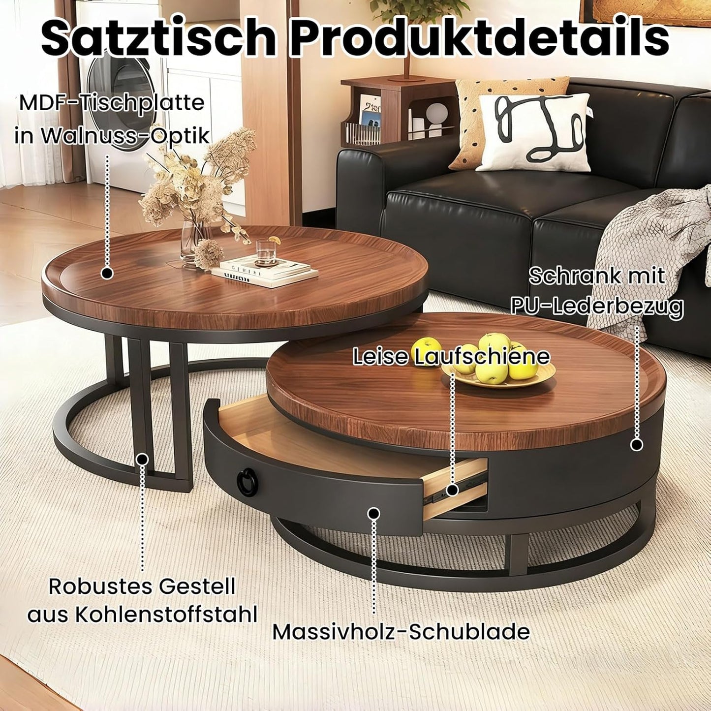 Couchtisch rund 2er Set mit Stauraum, Wohnzimmertisch mit Holz Schubladen, Walnussoptik und Metallrahmen, Moderne Kaffeetische Satztische Sofatisch für Wohnzimmer Schlafzimmer