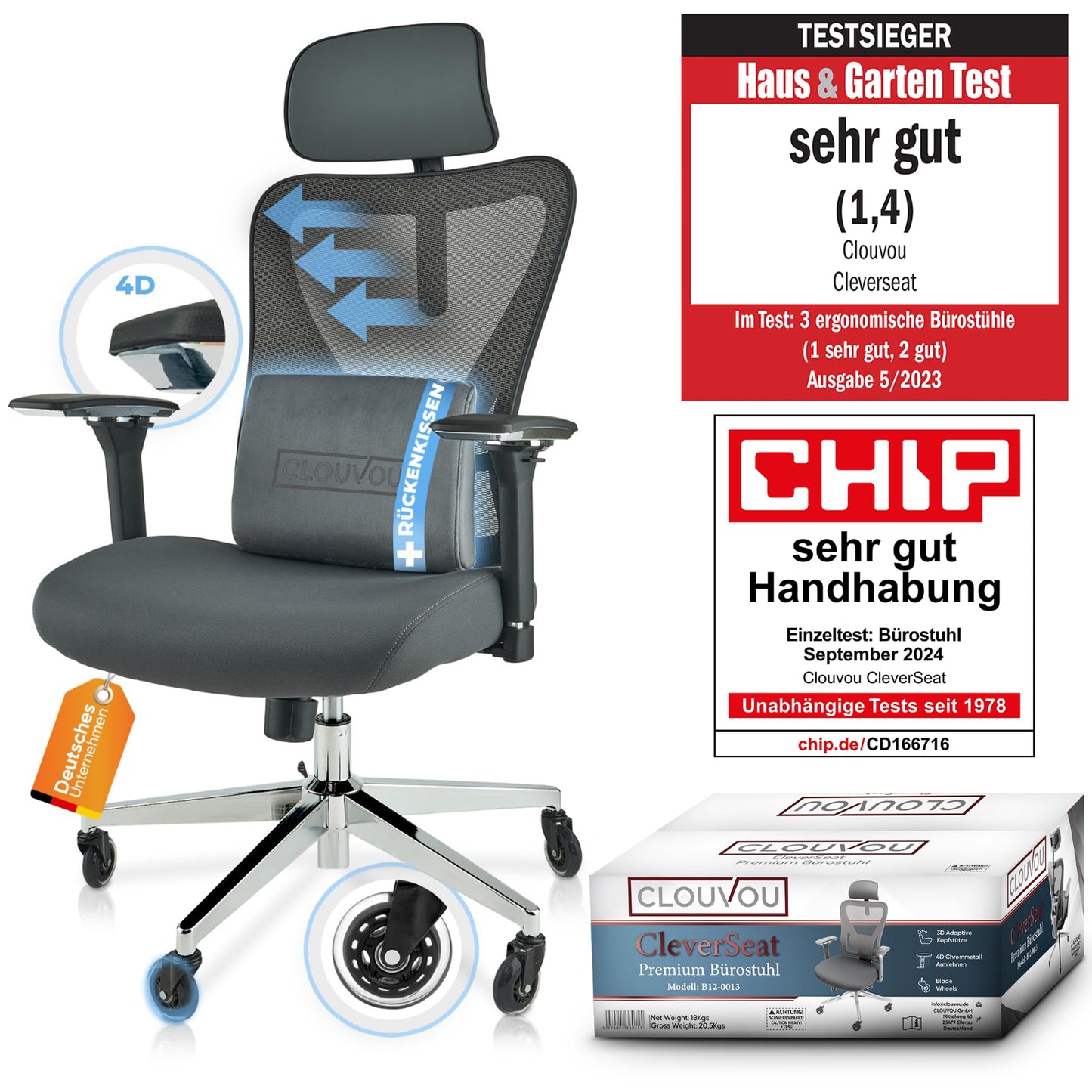CLOUVOU BrightSeat Bürostuhl Ergonomisch Schwarz bis 150 kg mit Kopfstütze, Lendenstütze, 2D Armlehnen, Drehstuhl