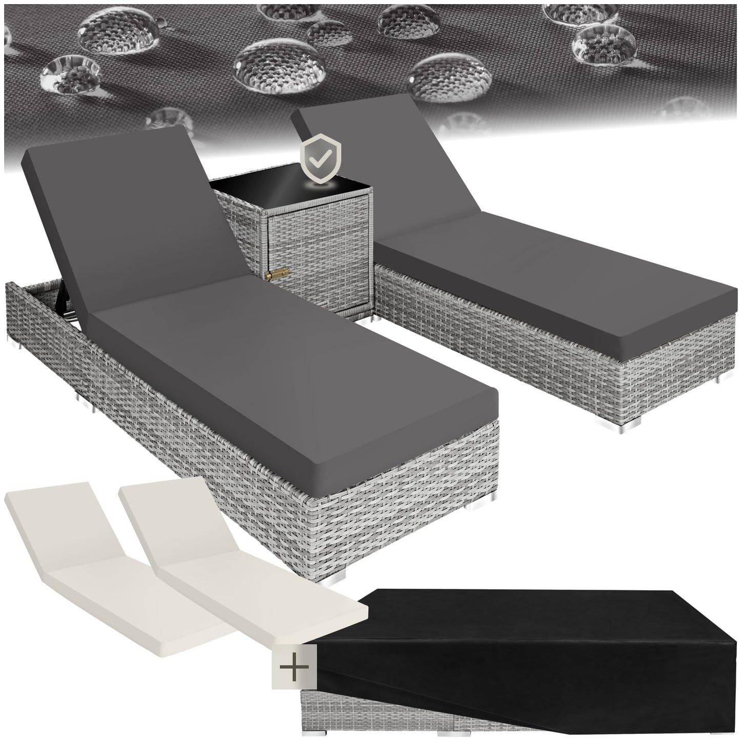 tectake 2er Gartenliege Set mit Tisch - Aluminium & Polyrattan Sonnenliegen, 5-fach Verstellbar, Schutzhülle inklusive