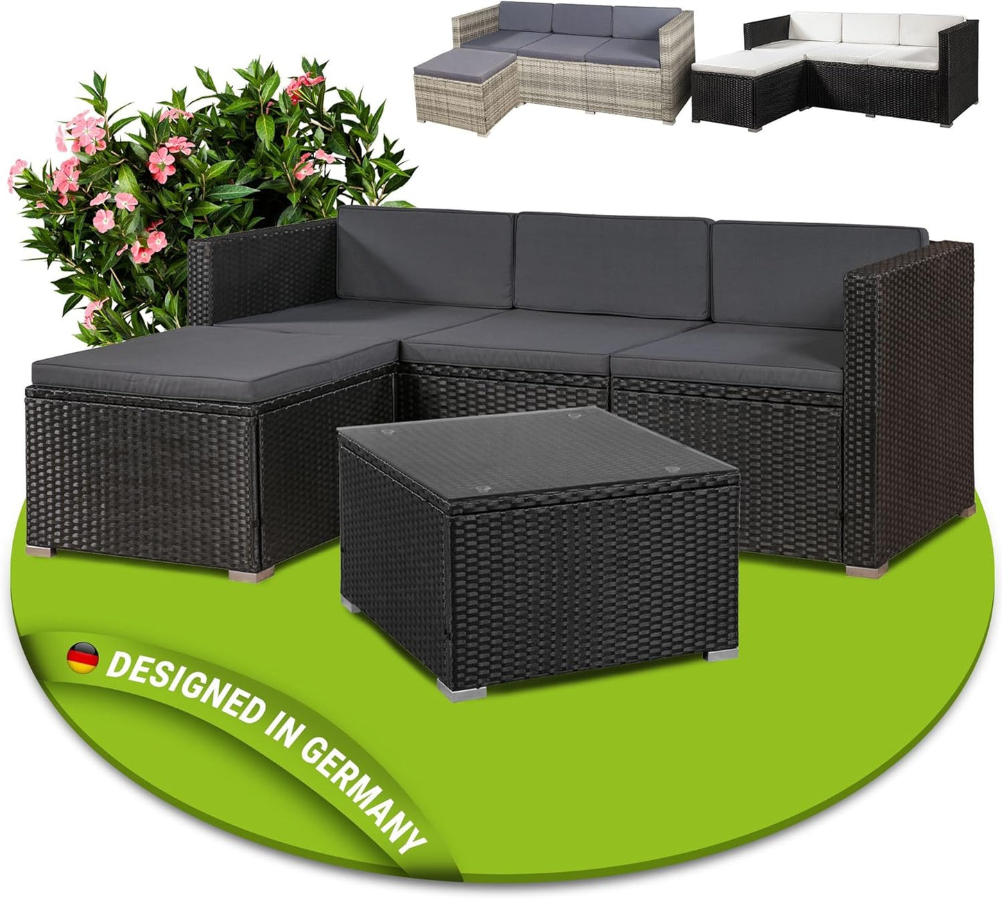 Juskys Polyrattan Lounge Set für 3-4 Personen mit Sofa, Hocker, Tisch & Kissen, Wetterfeste Gartenmöbel