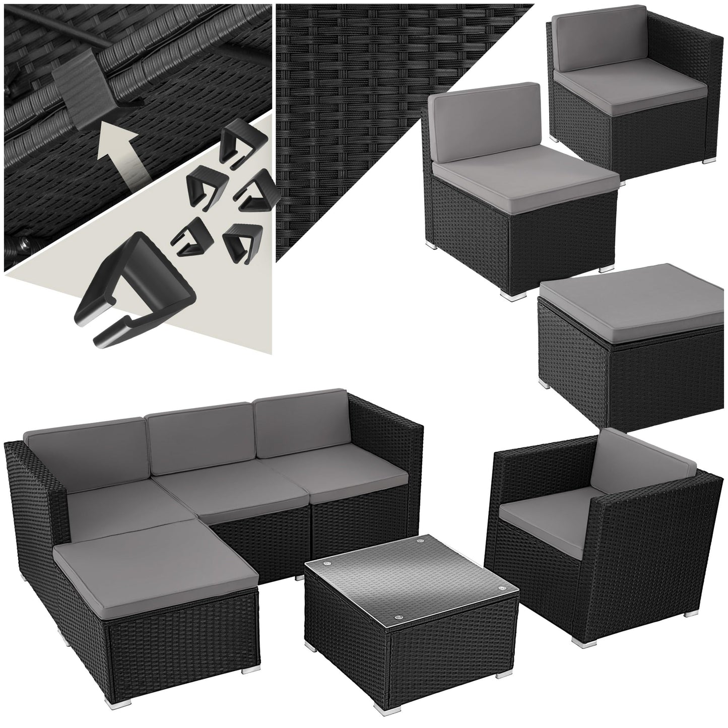 tectake Poly Rattan Lounge Gartenmöbel Set mit Sofa, Sesseln & Tisch – Wetterfeste Outdoor Sitzgruppe