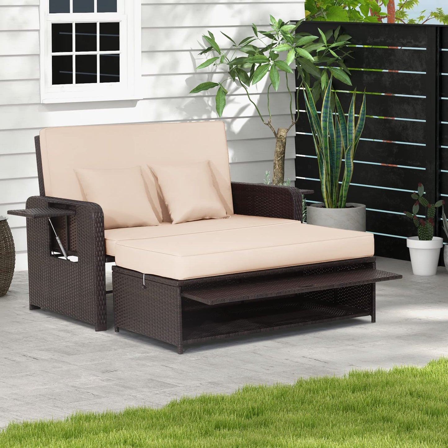 GIANTEX Rattan Lounge Gartenmöbel Set 2-Sitzer Doppelliege mit Hocker & Stauraum, Verstellbares Outdoor Sofa Balkon Terrasse