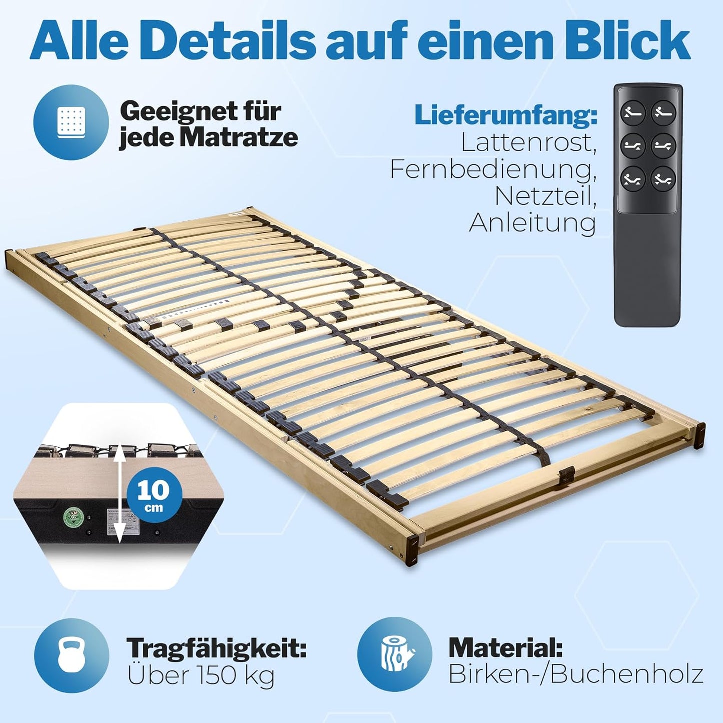 RehaSleep Elektrischer Lattenrost Komfort 28 Leisten Birkenholz verstellbar 7 Zonen ergonomisch Naturholz