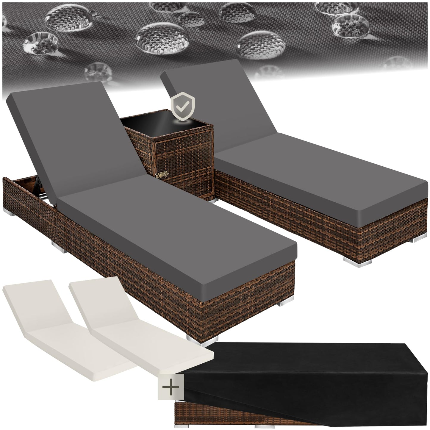 tectake 2er Gartenliege Set mit Tisch - Aluminium & Polyrattan Sonnenliegen, 5-fach Verstellbar, Schutzhülle inklusive
