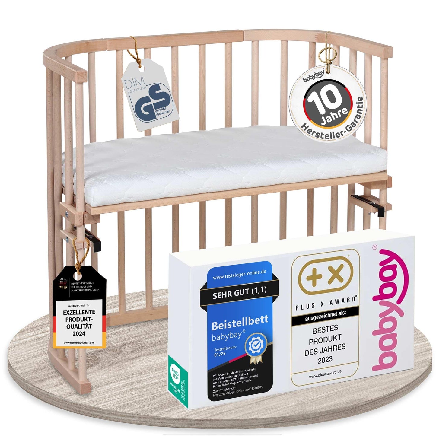 babybay Original Beistellbett aus massivem Buchenholz mit Matratze – Höhenverstellbares mitwachsendes Babybett