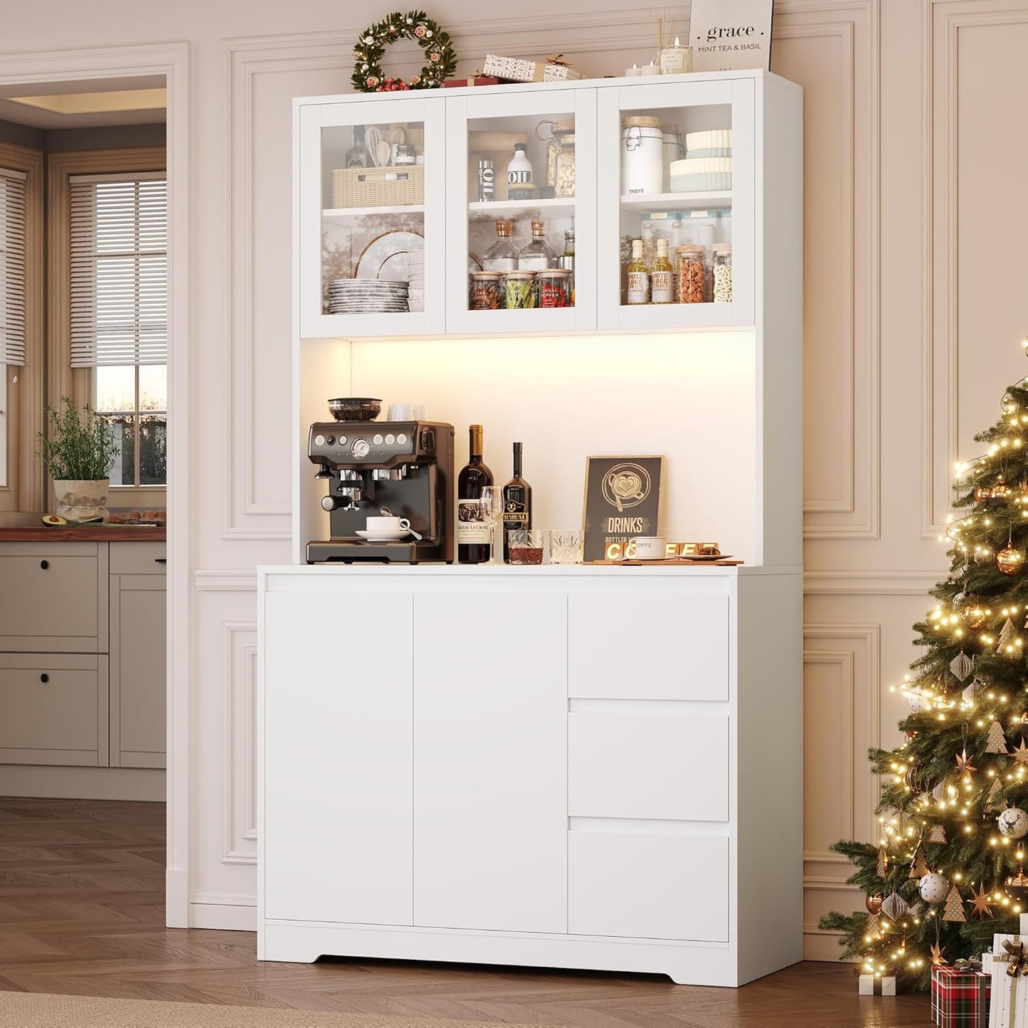 FirFurd Küchenschrank Weiß 180x100x38,5 cm mit LED, Steckdose, Arbeitsplatte, Buffetschrank mit Glastüren & 3 Schubladen