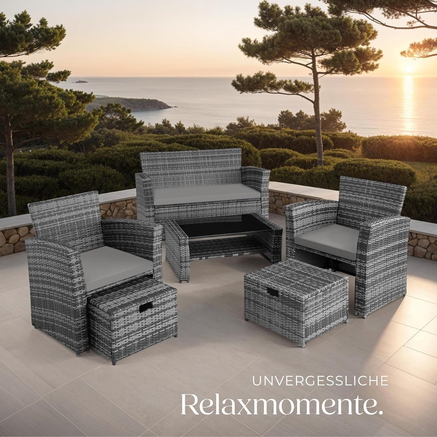 tectake Polyrattan Garten Lounge Set 4 Personen mit Hocker & Auflagenbox, Outdoor Sitzgruppe mit Tisch & Kissen, Balkonmöbel
