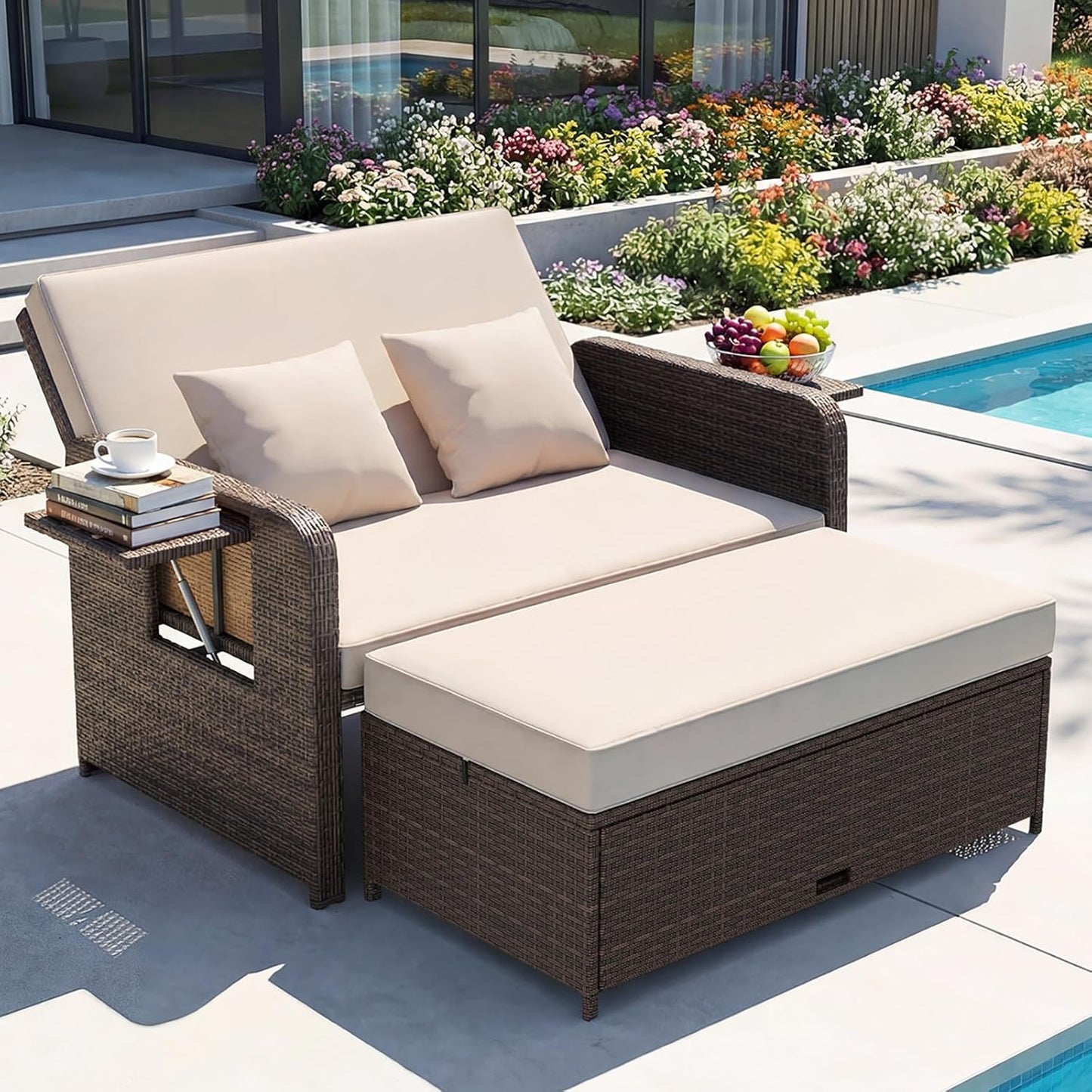GIANTEX Rattan Lounge Gartenmöbel Set 2-Sitzer Doppelliege mit Hocker & Stauraum, Verstellbares Outdoor Sofa Balkon Terrasse