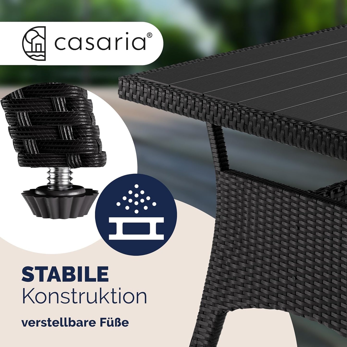 Casaria Polyrattan Ecklounge Set Schwarz mit WPC Tisch, Sessel & 2 Hockern, Wetterfeste Gartenmöbel für Terrasse & Balkon