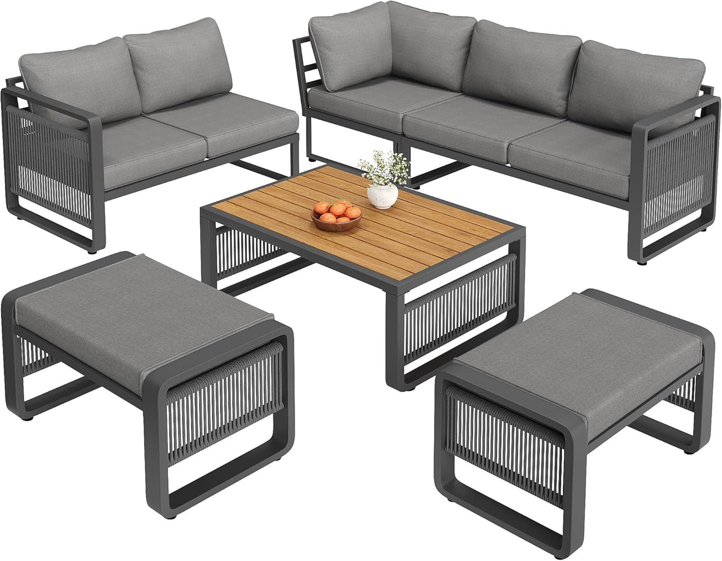 Merax Gartenmöbel Lounge Set Grau für 6-7 Personen, Wetterfestes Gartensofa mit Liege & Eckgarnitur für Terrasse und Balkon