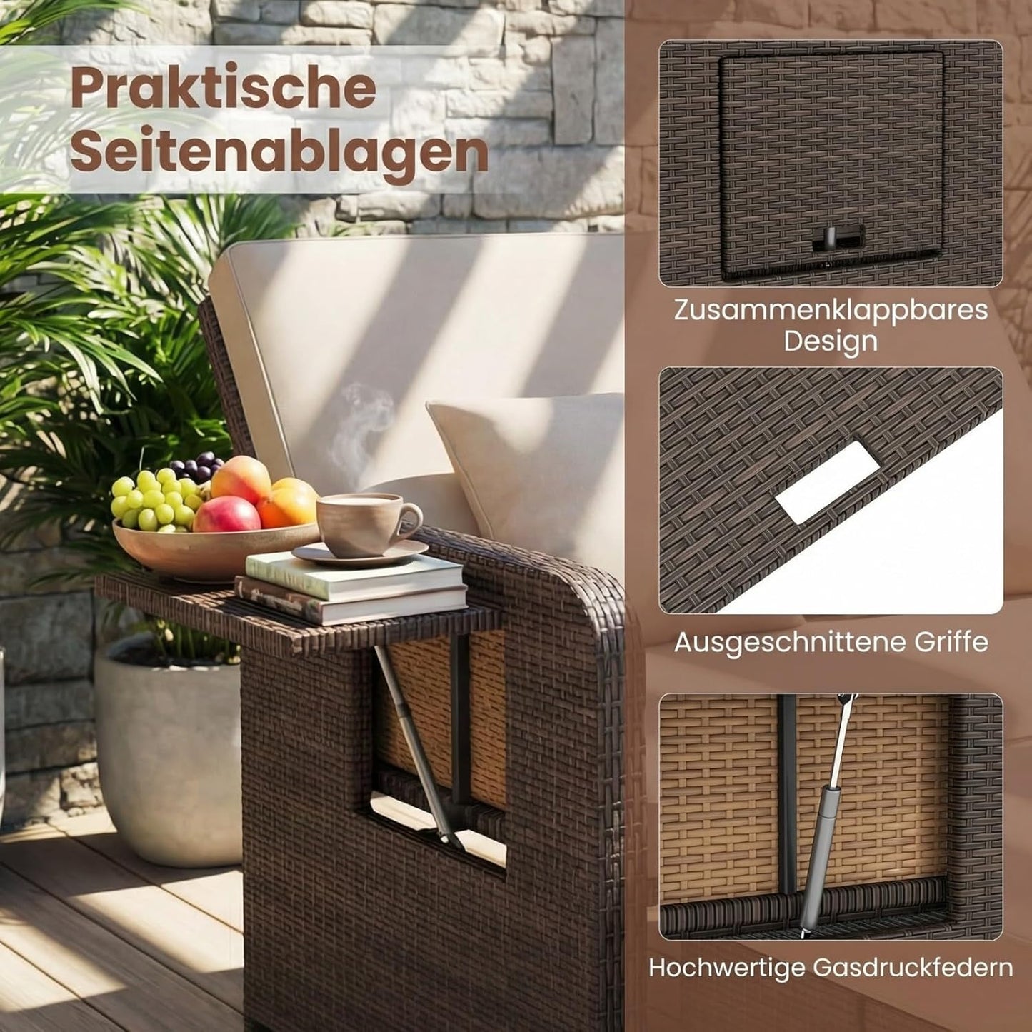 GIANTEX Rattan Lounge Gartenmöbel Set 2-Sitzer Doppelliege mit Hocker & Stauraum, Verstellbares Outdoor Sofa Balkon Terrasse