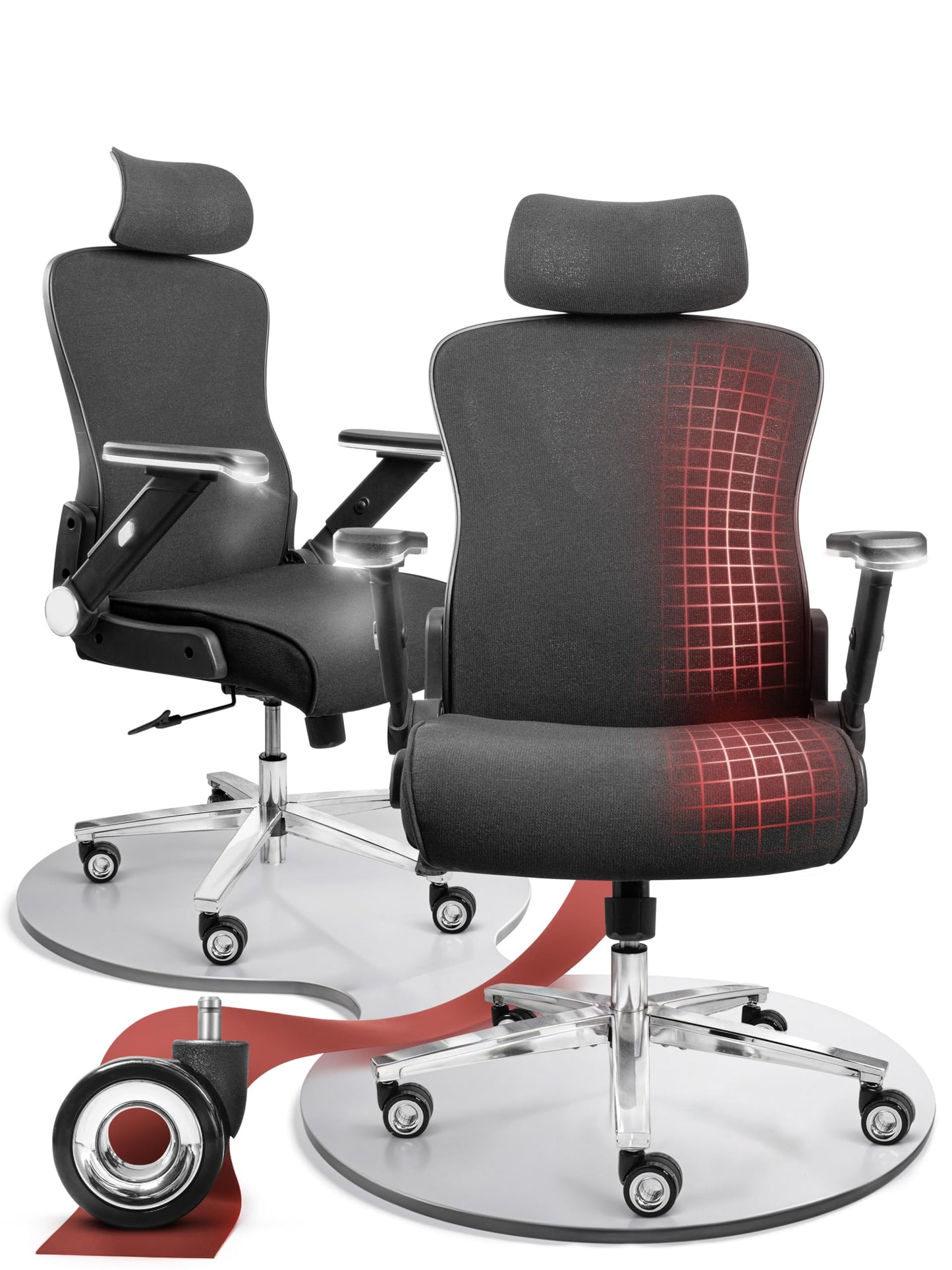 CLOUVOU BrightSeat Bürostuhl Ergonomisch Schwarz bis 150 kg mit Kopfstütze, Lendenstütze, 2D Armlehnen, Drehstuhl