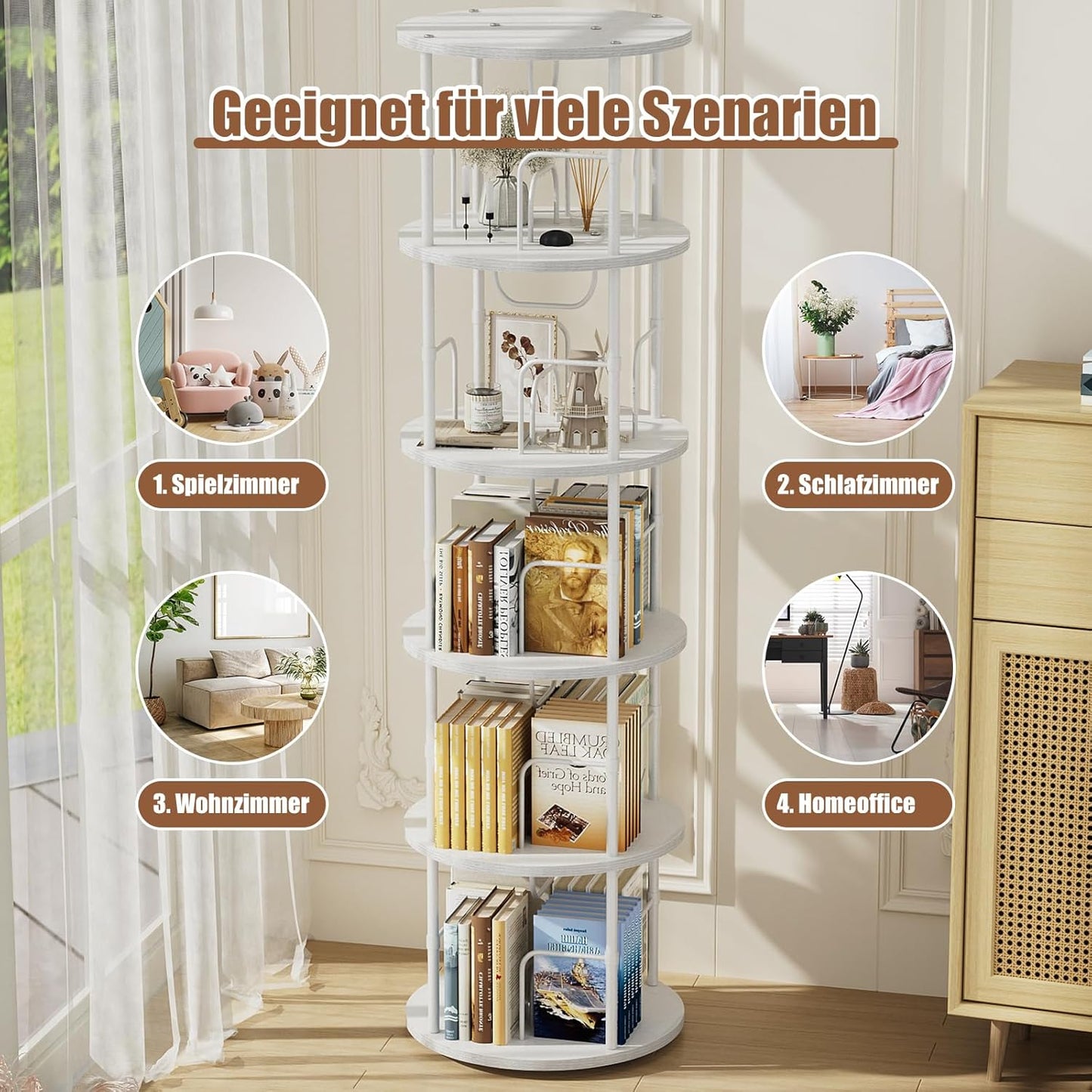 360° Drehbares Bücherregal, Bodenstehendes Bücherschrank Aus Holz, Bookshelf Mit 5 Ebenen, Verstellbare Ebenen, Standregal, 45×45×160cm, Weiß