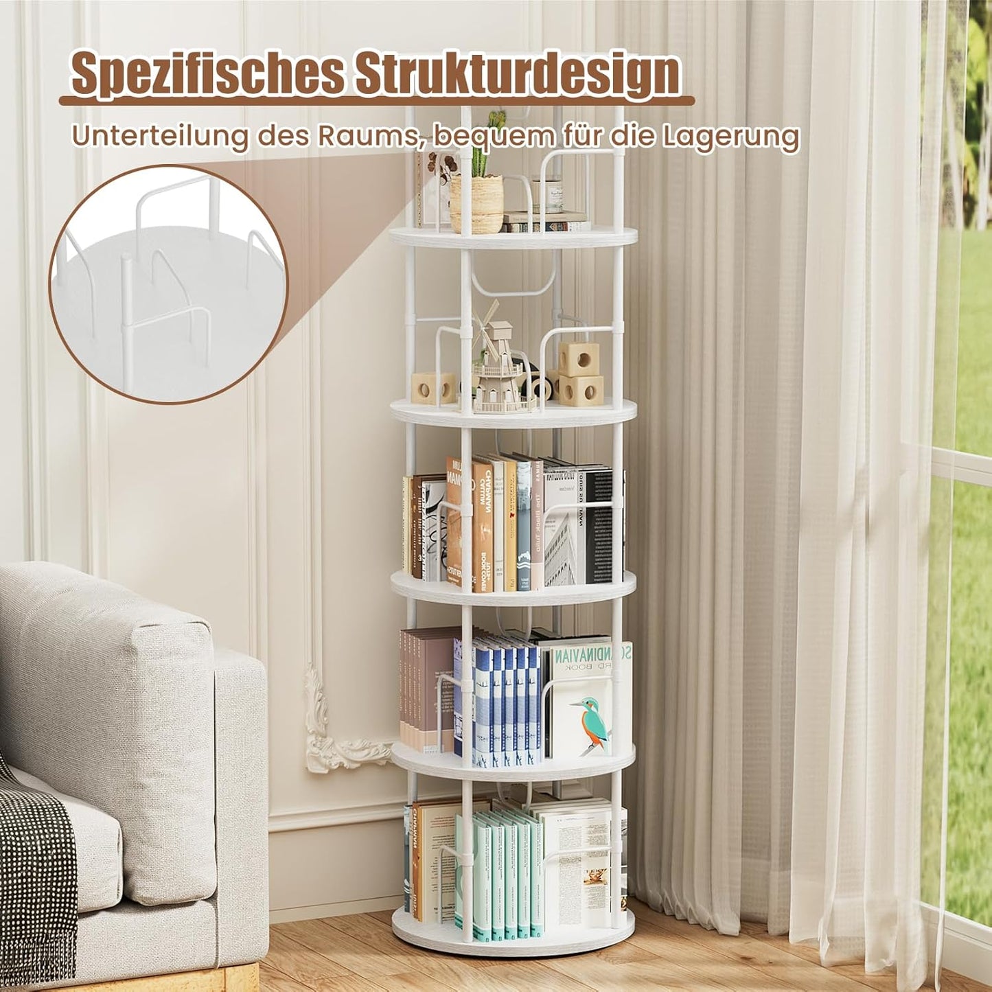 360° Drehbares Bücherregal, Bodenstehendes Bücherschrank Aus Holz, Bookshelf Mit 5 Ebenen, Verstellbare Ebenen, Standregal, 45×45×160cm, Weiß