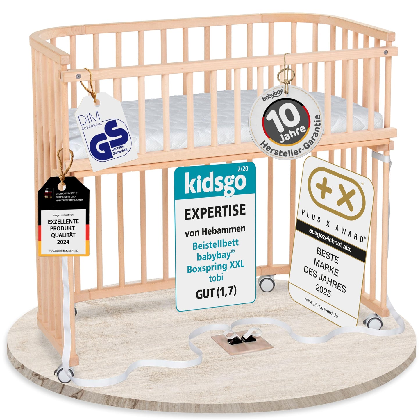 babybay Original Beistellbett aus massivem Buchenholz mit Matratze – Höhenverstellbares mitwachsendes Babybett