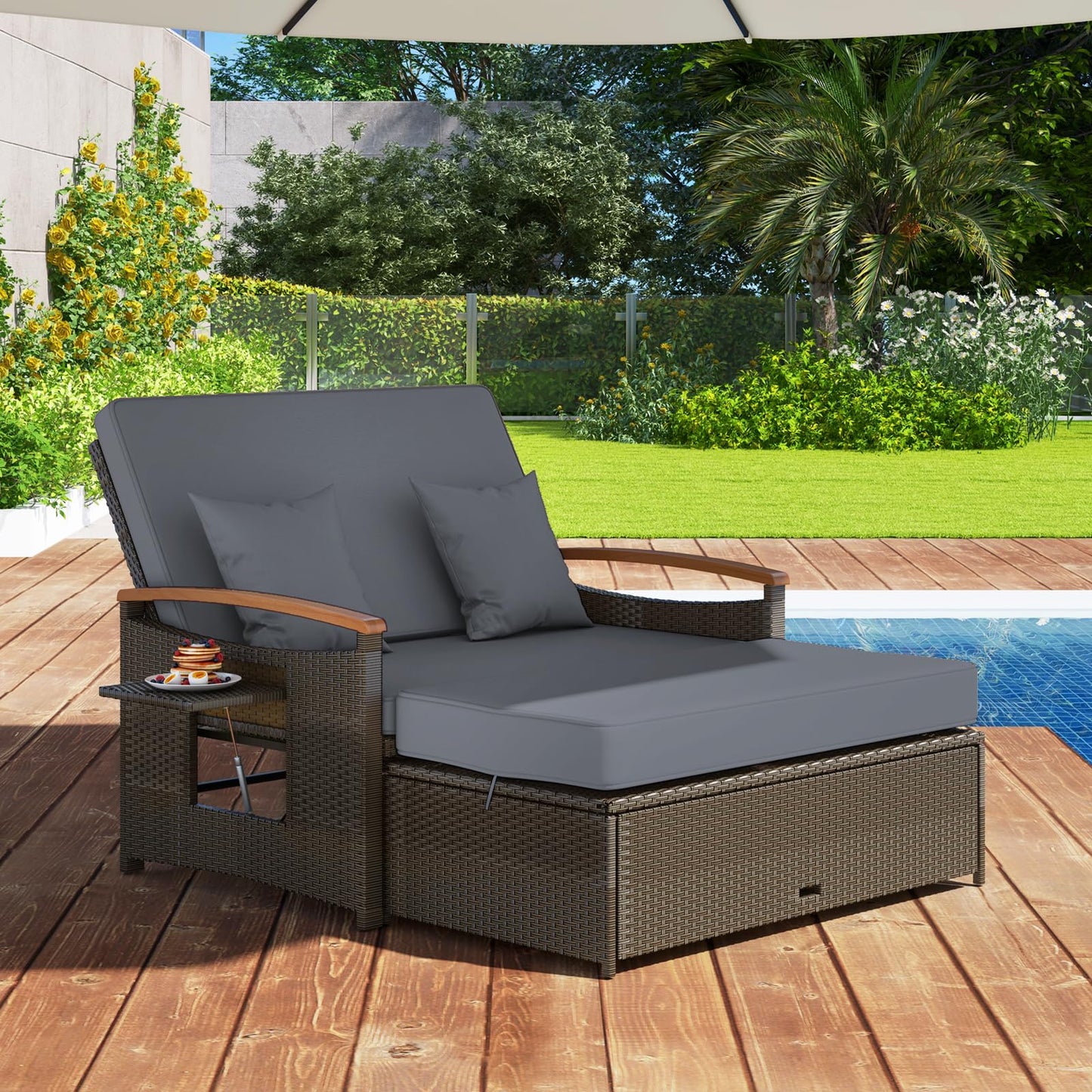 GIANTEX Rattan Lounge Gartenmöbel Set 2-Sitzer Doppelliege mit Hocker & Stauraum, Verstellbares Outdoor Sofa Balkon Terrasse