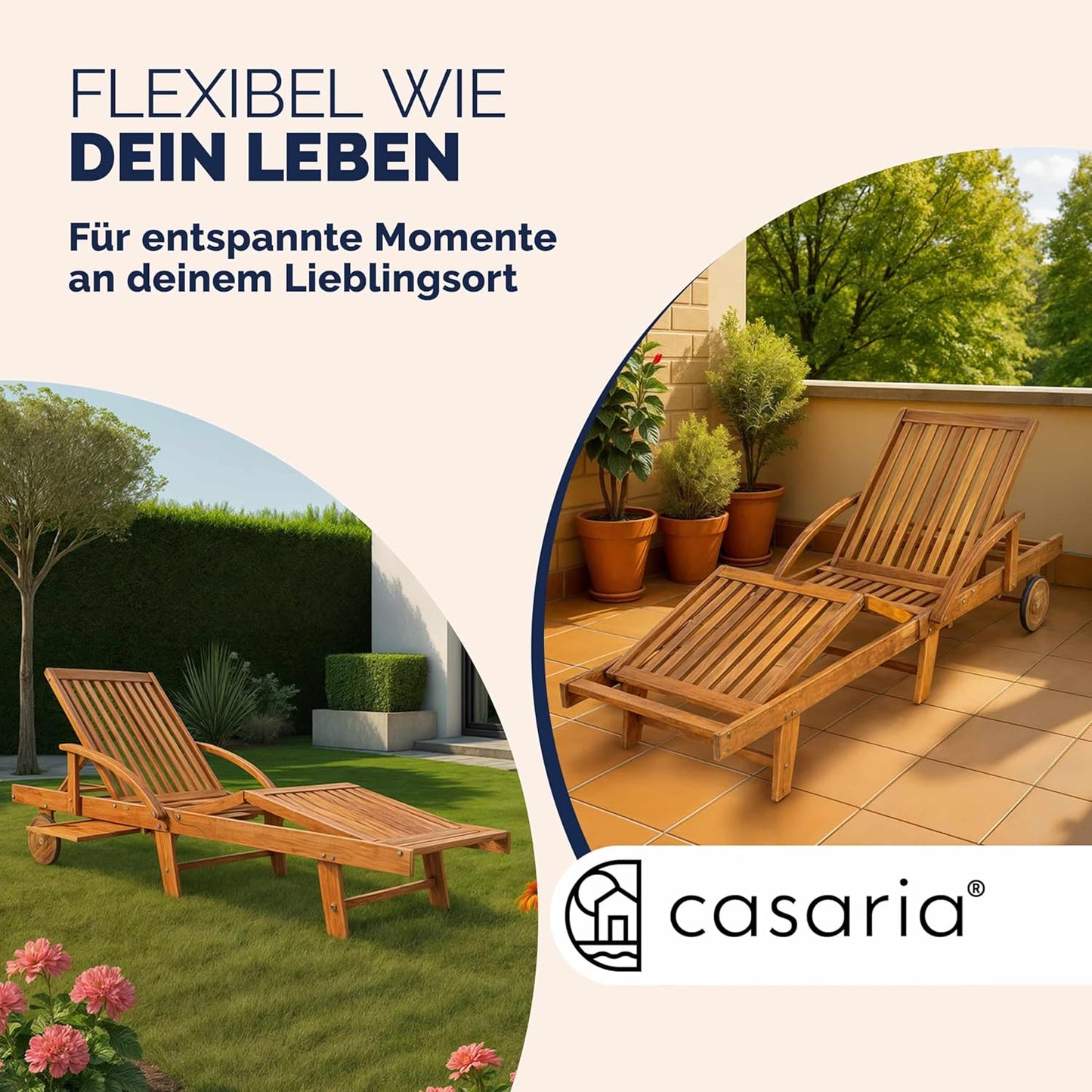 Casaria Sonnenliege 2er Set aus Akazienholz, Braun, klappbar mit Rädern & Tisch, 195x59x30 cm