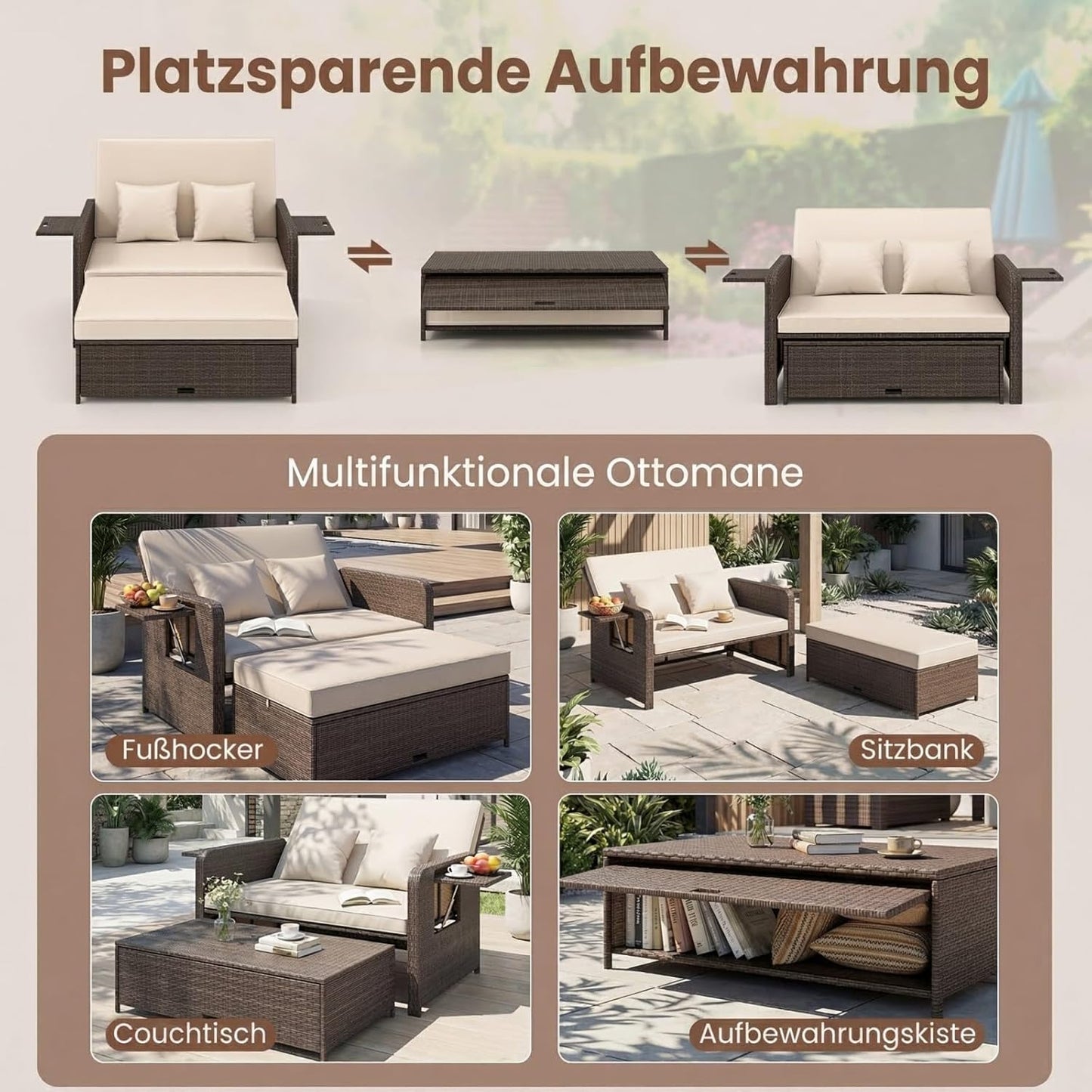 GIANTEX Rattan Lounge Gartenmöbel Set 2-Sitzer Doppelliege mit Hocker & Stauraum, Verstellbares Outdoor Sofa Balkon Terrasse