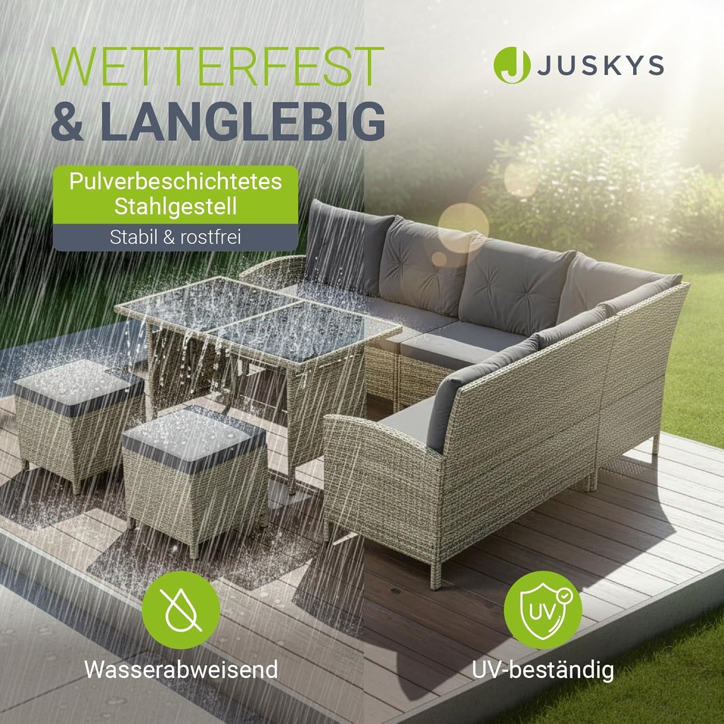 Juskys Polyrattan Gartenlounge Grau – Sitzgruppe mit Ecksofa, Tisch, Hocker, wetterfest, Outdoor Möbel Set
