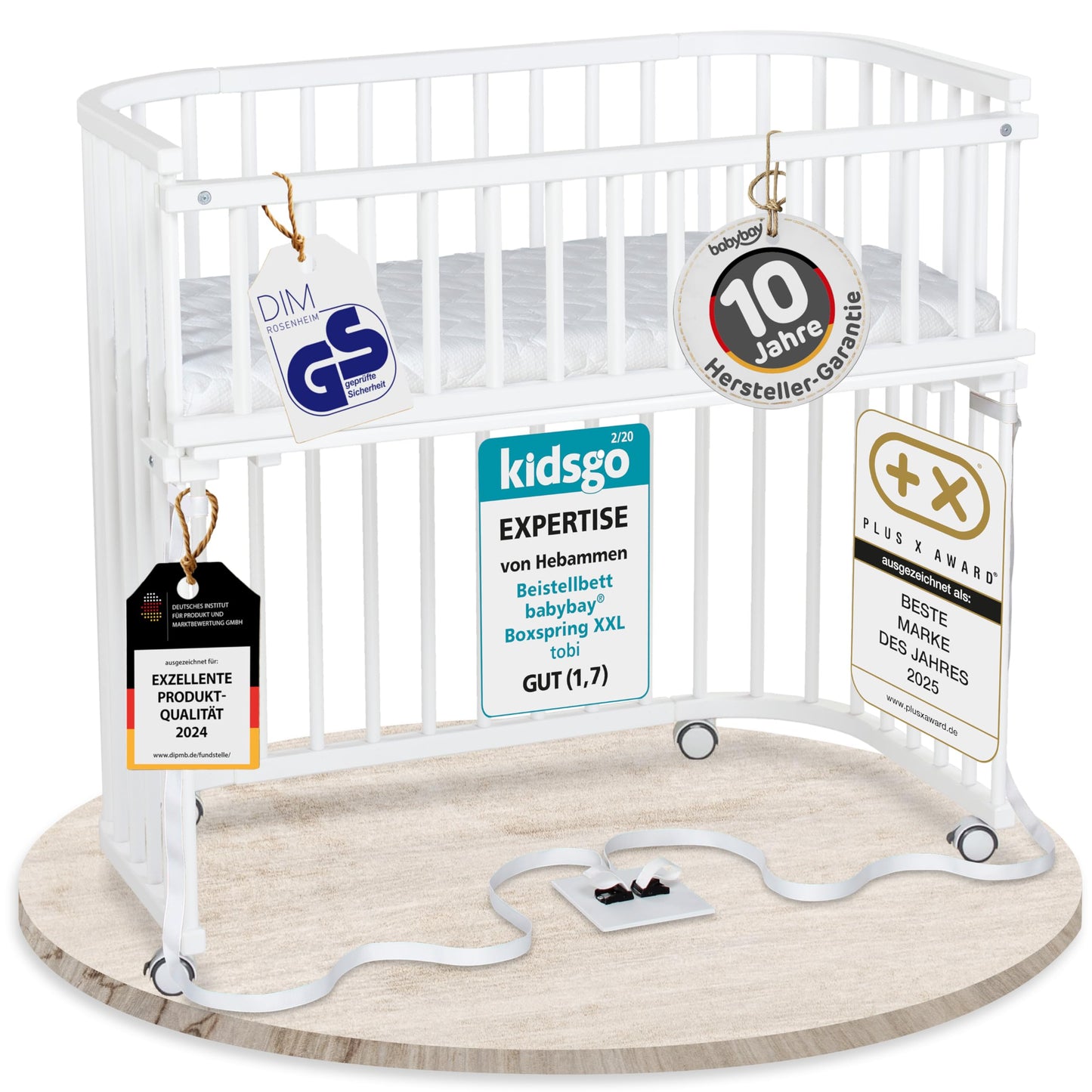 babybay Original Beistellbett aus massivem Buchenholz mit Matratze – Höhenverstellbares mitwachsendes Babybett