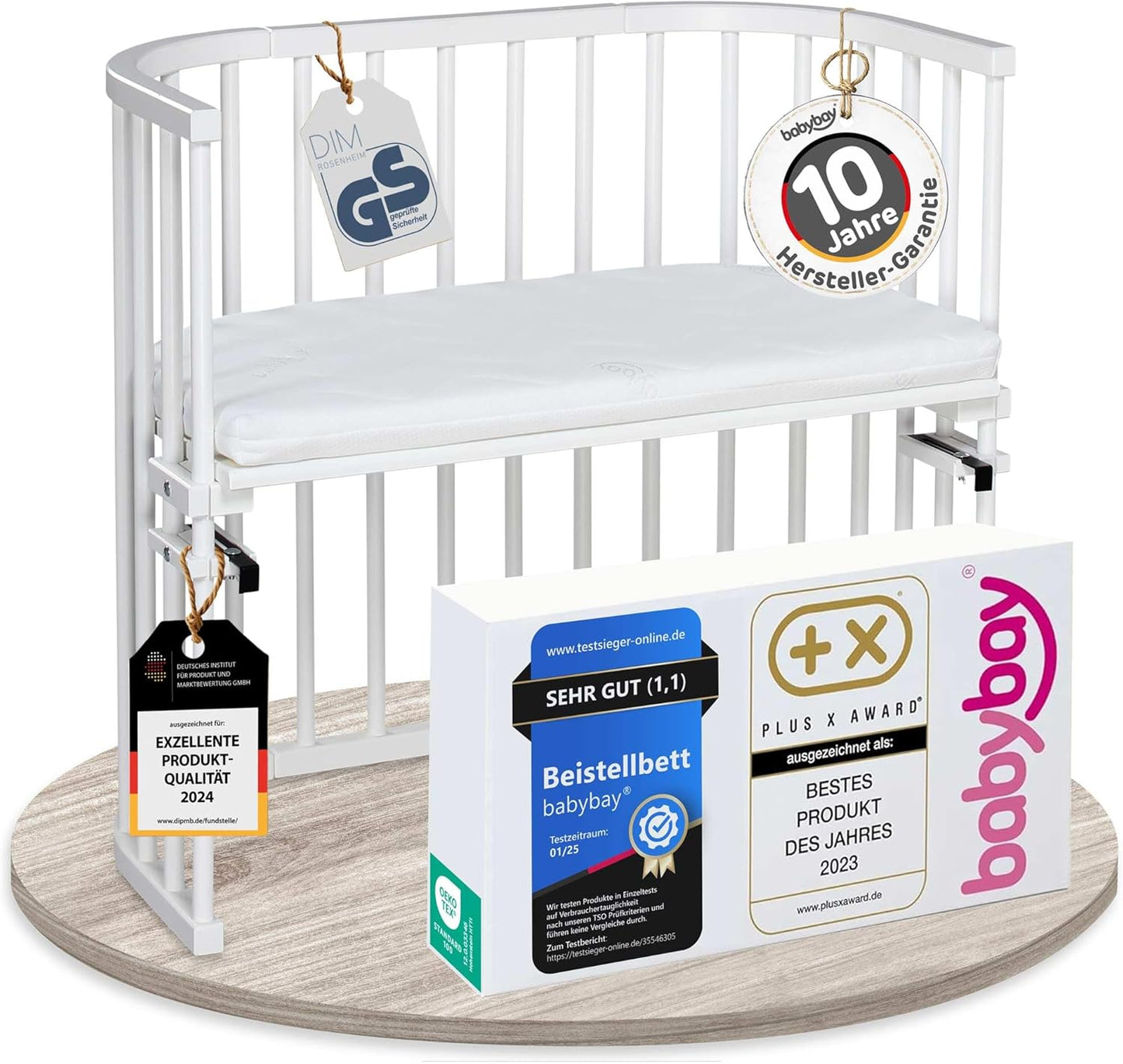 babybay Original Beistellbett aus massivem Buchenholz mit Matratze – Höhenverstellbares mitwachsendes Babybett