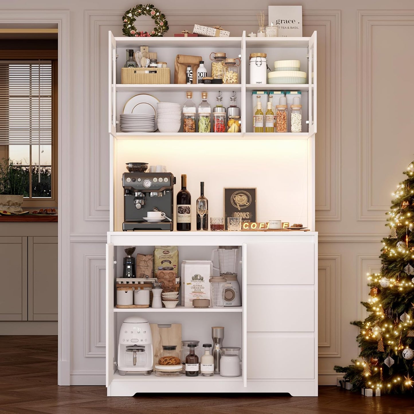 FirFurd Küchenschrank Weiß 180x100x38,5 cm mit LED, Steckdose, Arbeitsplatte, Buffetschrank mit Glastüren & 3 Schubladen