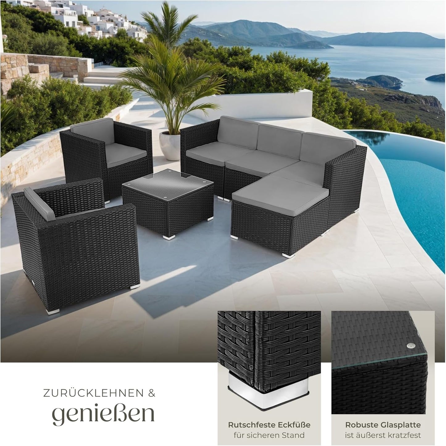 tectake Poly Rattan Lounge Gartenmöbel Set mit Sofa, Sesseln & Tisch – Wetterfeste Outdoor Sitzgruppe
