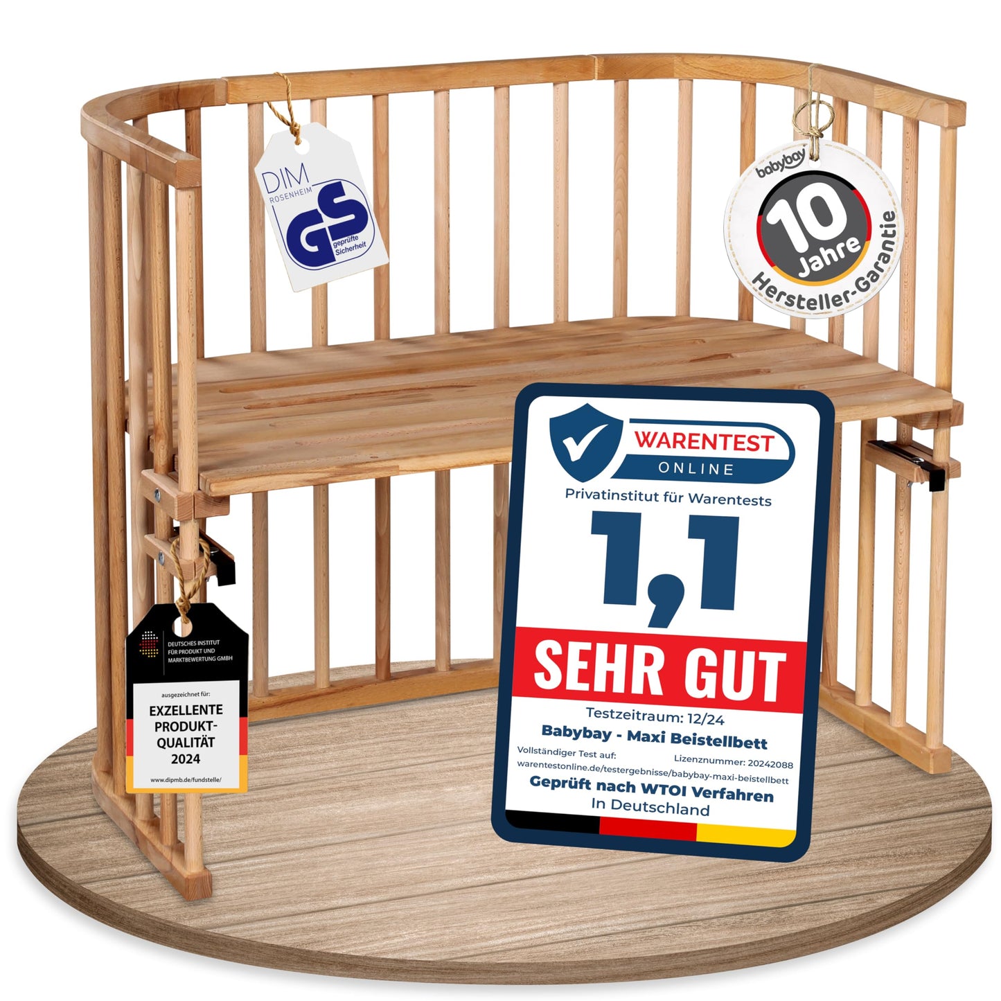 babybay Original Beistellbett aus massivem Buchenholz mit Matratze – Höhenverstellbares mitwachsendes Babybett