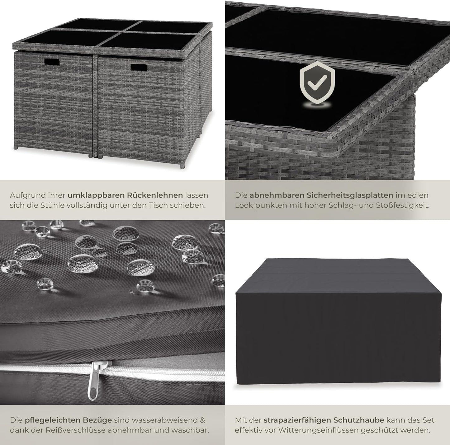 tectake Rattan Lounge Set mit Aluminiumgestell, 4 Stühle, 4 Hocker & Glastisch Wetterfeste Gartenmöbel
