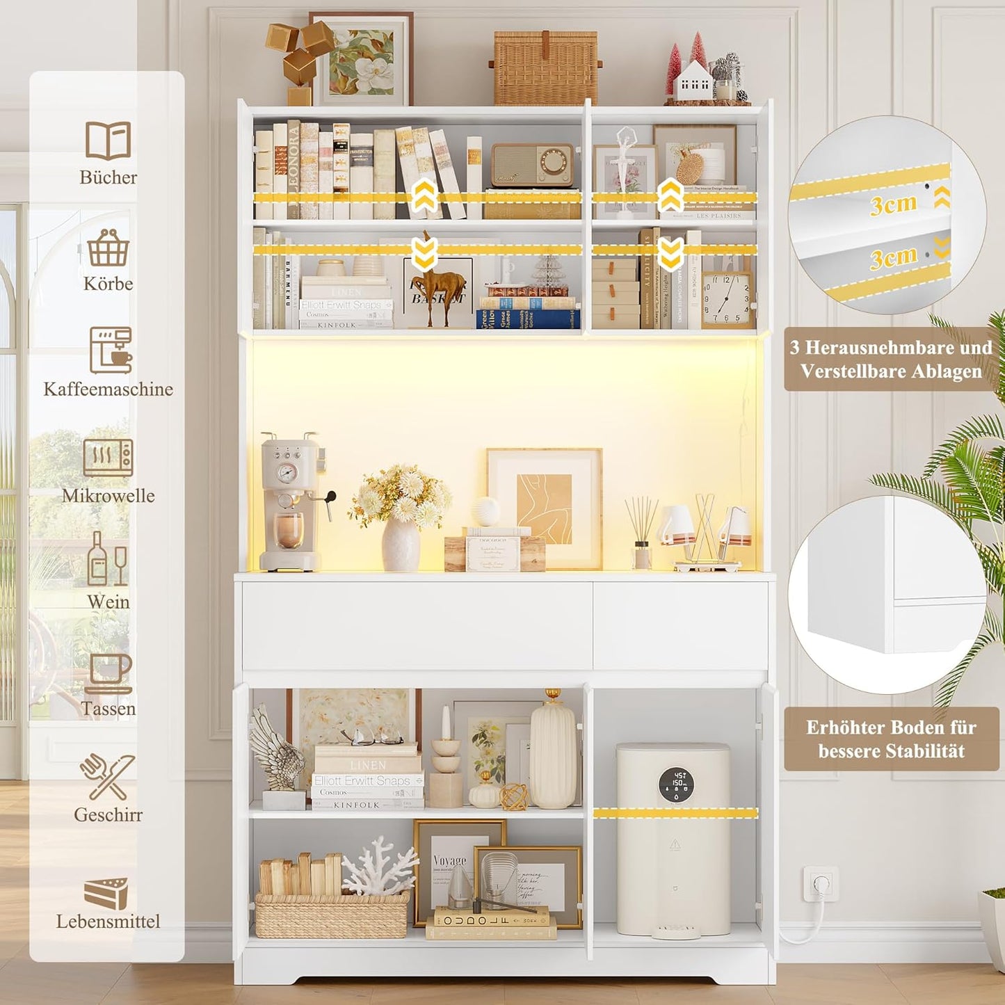 FirFurd Küchenschrank Buffetschrank Weiß 180x100x38,5 cm mit LED, Steckdose, Arbeitsplatte, Sideboard mit Türen & Schubladen