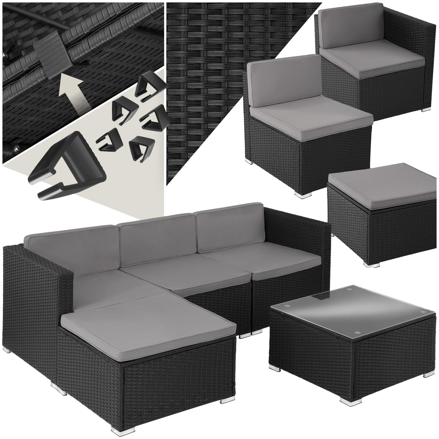 tectake Poly Rattan Lounge Gartenmöbel Set mit Sofa, Sesseln & Tisch – Wetterfeste Outdoor Sitzgruppe