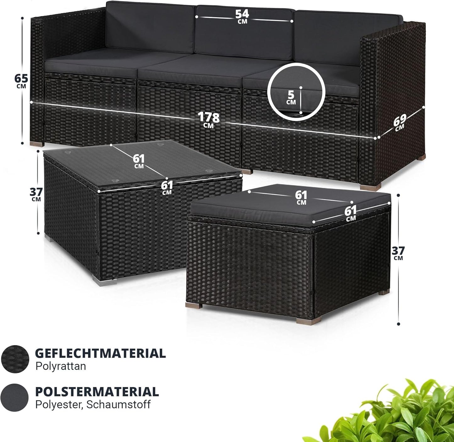 Juskys Polyrattan Lounge Set für 3-4 Personen mit Sofa, Hocker, Tisch & Kissen, Wetterfeste Gartenmöbel