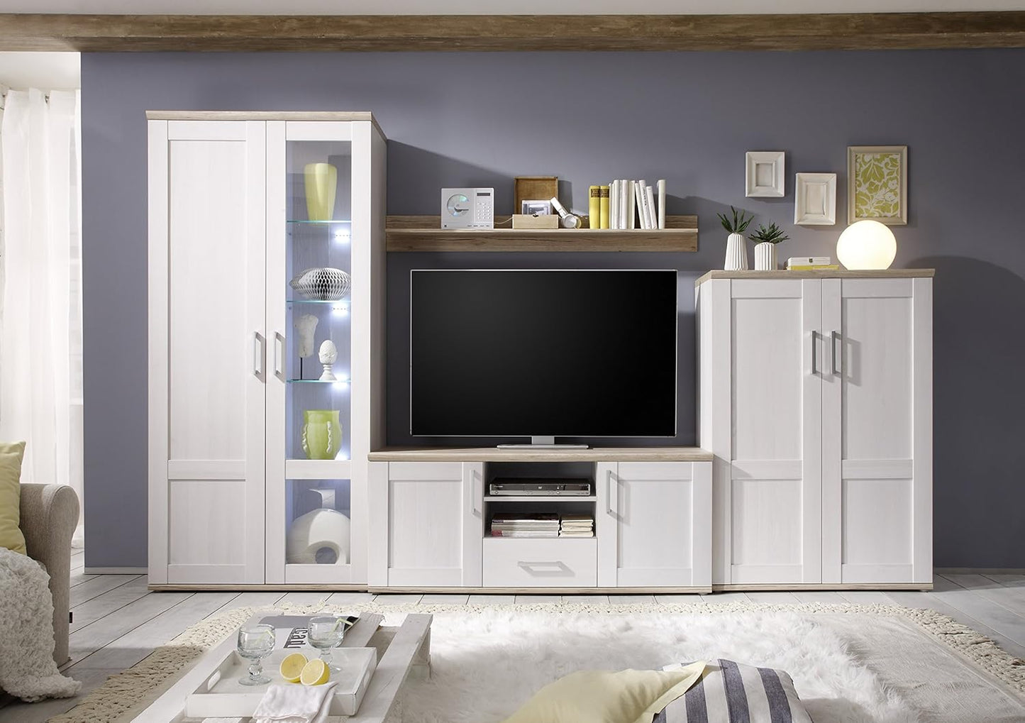 Stella Trading ROMANCE Wohnwand Wohnzimmer Set Sibiu Lärche & Eiche San Remo, Landhaus Möbel mit Stauraum & LED