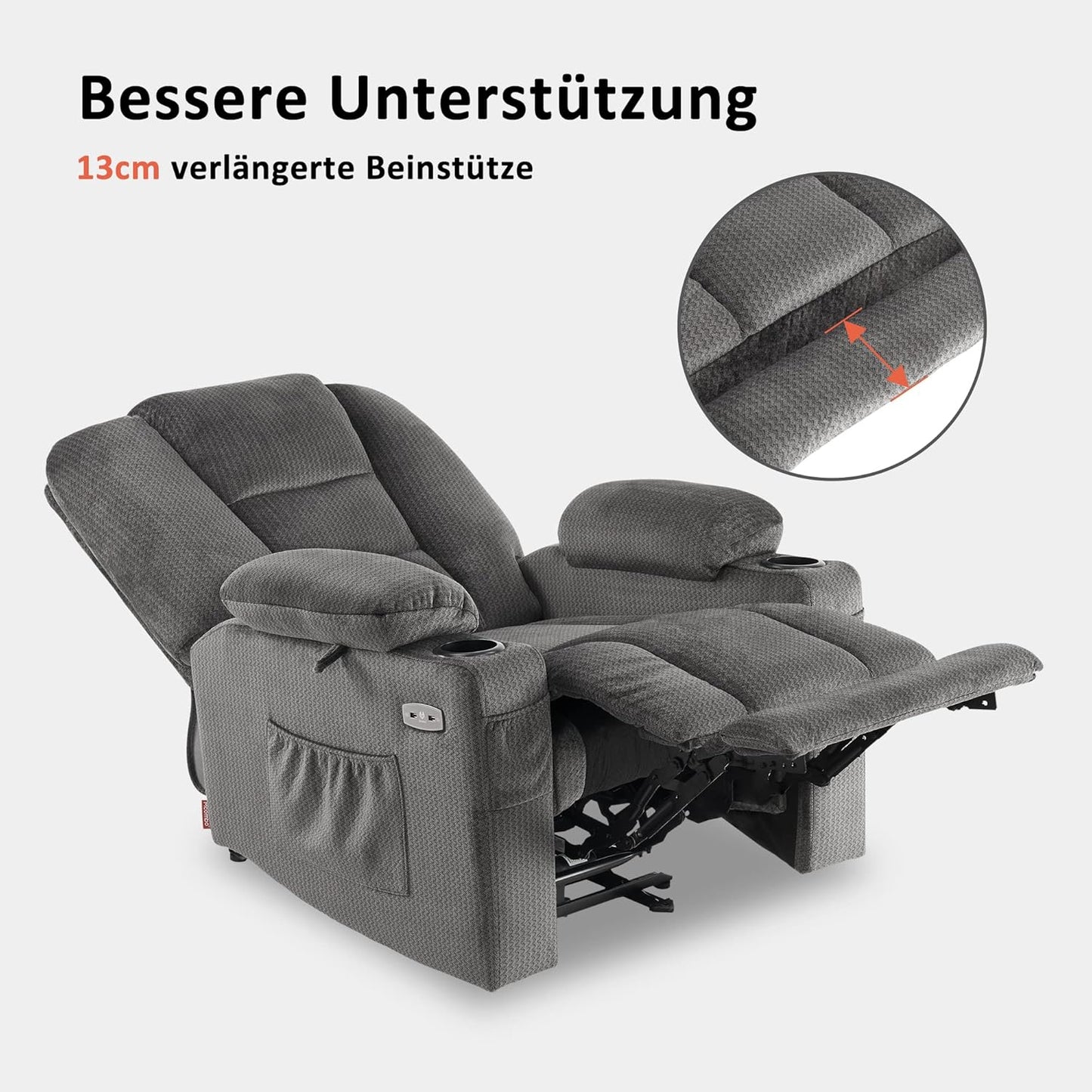M MCombo Elektrischer Fernsehsessel Relaxsessel mit Liegefunktion, Massage & Wärme, USB-Anschluss, verstellbarer TV Sessel für Wohnzimmer