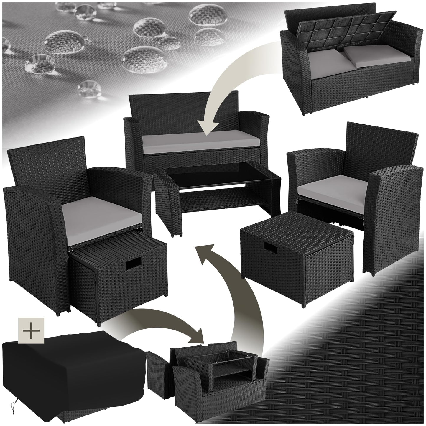 tectake Polyrattan Garten Lounge Set 4 Personen mit Hocker & Auflagenbox, Outdoor Sitzgruppe mit Tisch & Kissen, Balkonmöbel