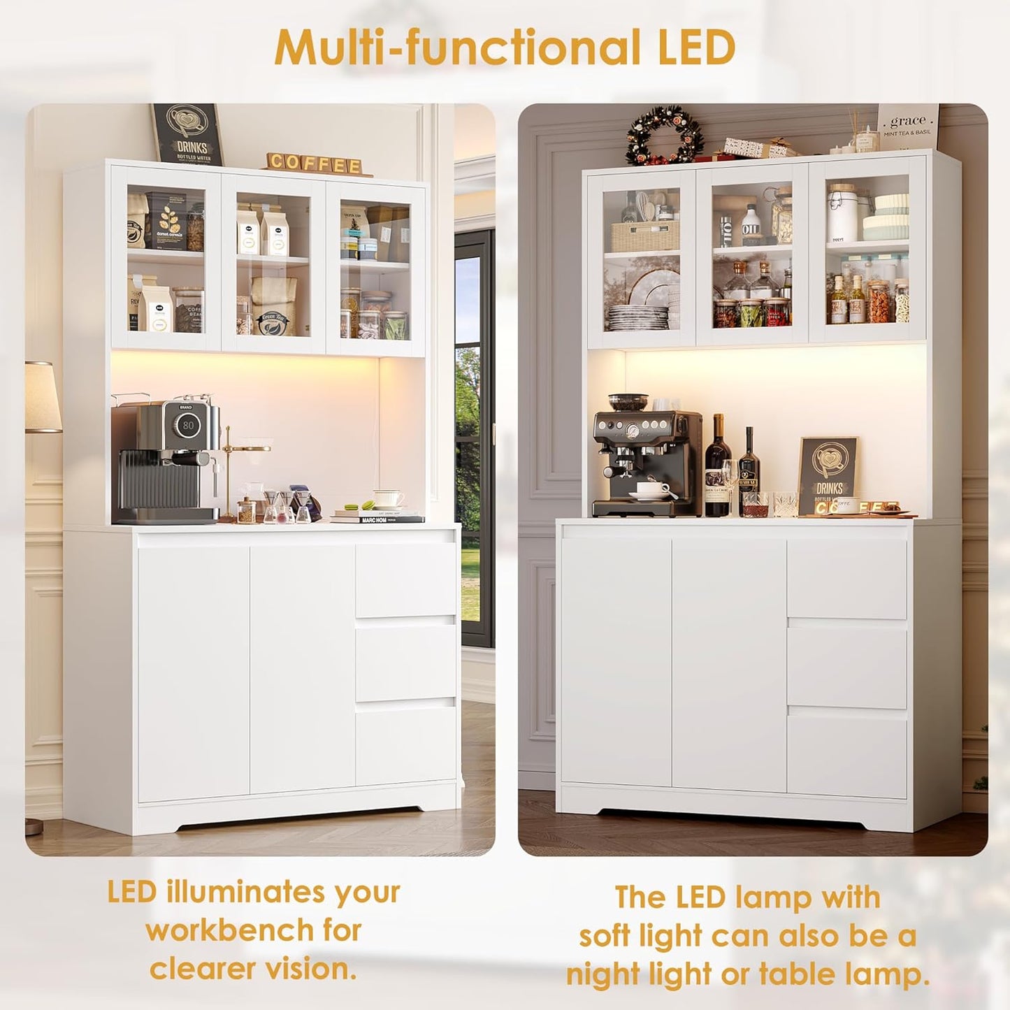 FirFurd Küchenschrank Weiß 180x100x38,5 cm mit LED, Steckdose, Arbeitsplatte, Buffetschrank mit Glastüren & 3 Schubladen