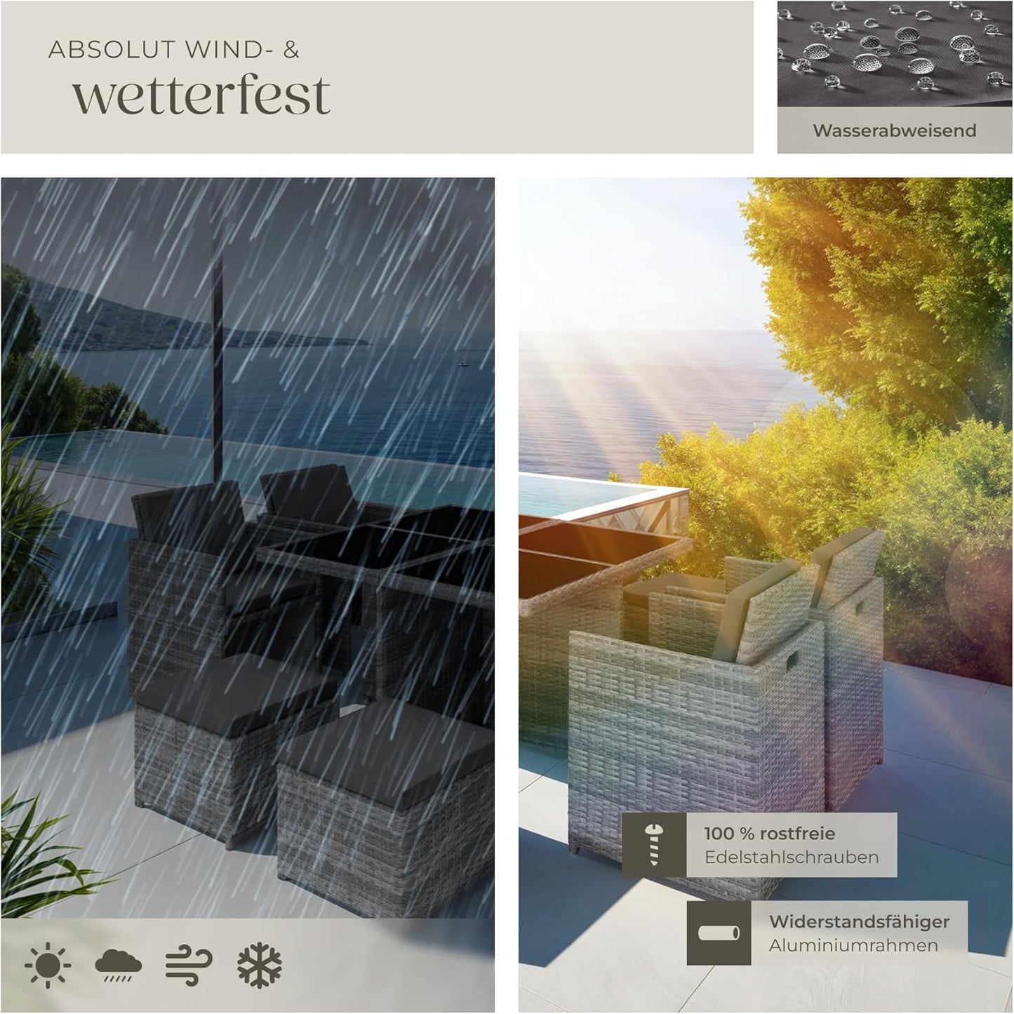 tectake Rattan Lounge Set mit Aluminiumgestell, 4 Stühle, 4 Hocker & Glastisch Wetterfeste Gartenmöbel