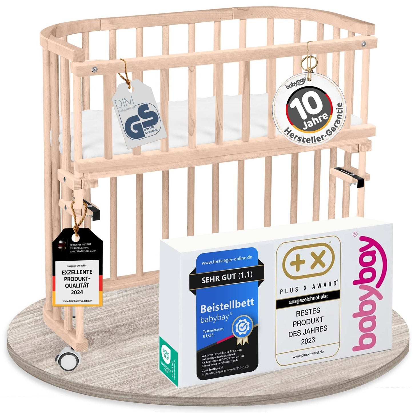 babybay Original Beistellbett aus massivem Buchenholz mit Matratze – Höhenverstellbares mitwachsendes Babybett