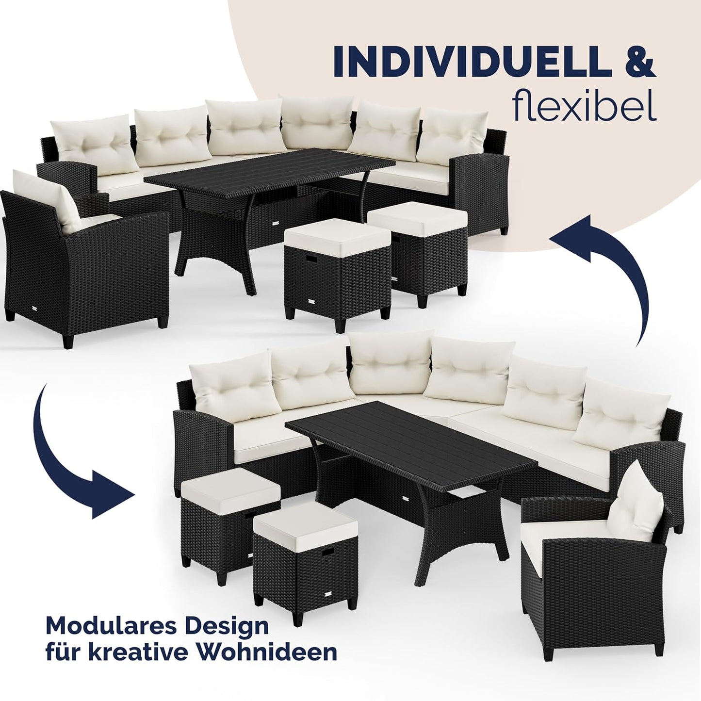 Casaria Polyrattan Ecklounge Set Schwarz mit WPC Tisch, Sessel & 2 Hockern, Wetterfeste Gartenmöbel für Terrasse & Balkon