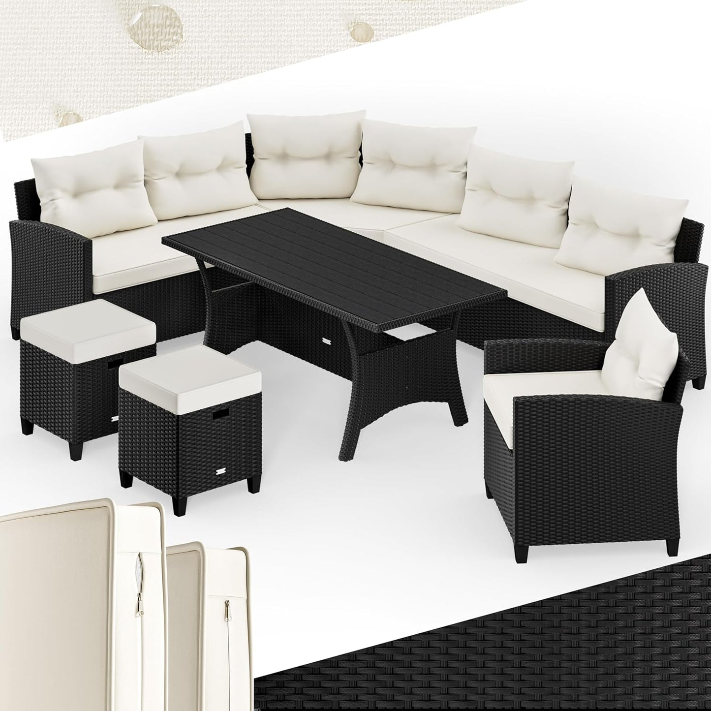 Casaria Polyrattan Ecklounge Set Schwarz mit WPC Tisch, Sessel & 2 Hockern, Wetterfeste Gartenmöbel für Terrasse & Balkon