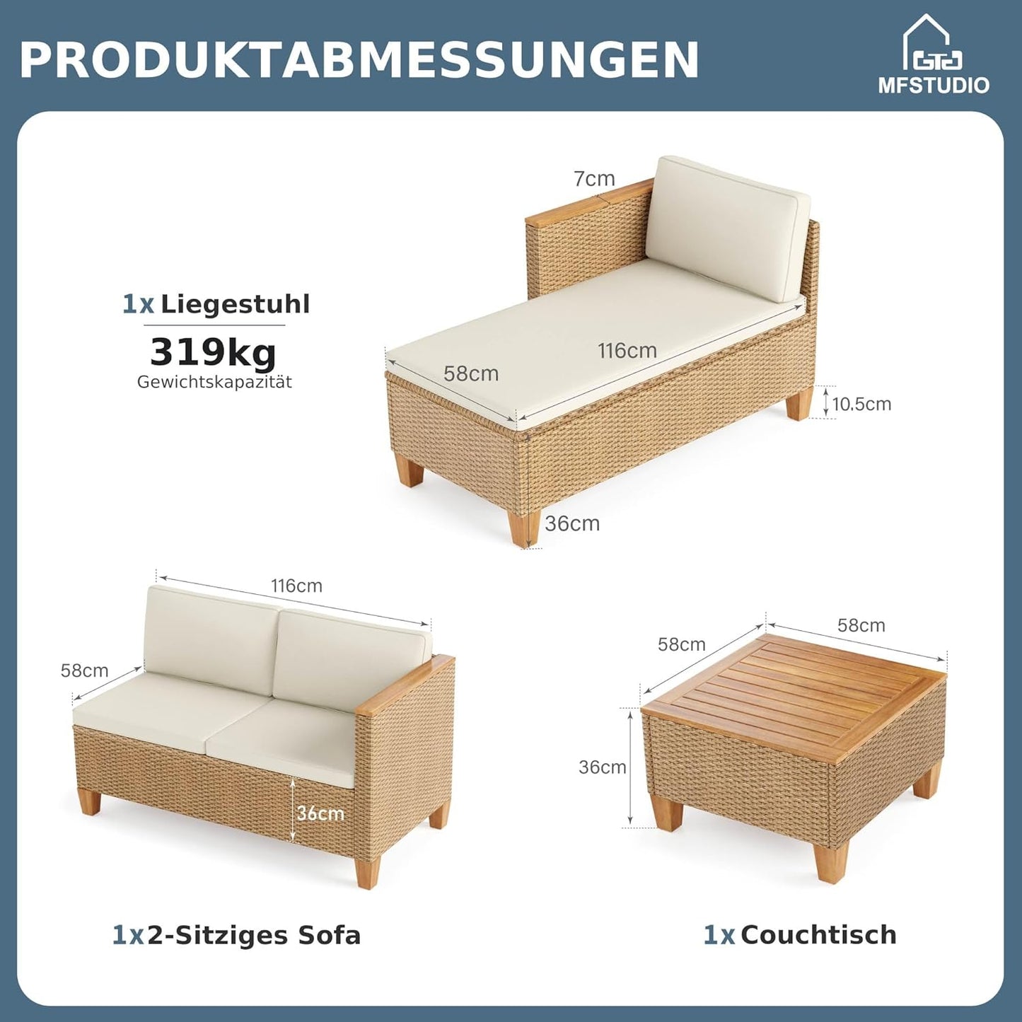 MFSTUDIO Gartenmöbel Set Polyrattan Braun 3-teilig L-Form mit Kissen & Akazienholz Tisch, Lounge Set für 4 Personen