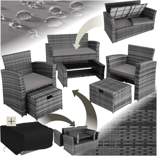 tectake Polyrattan Garten Lounge Set 4 Personen mit Hocker & Auflagenbox, Outdoor Sitzgruppe mit Tisch & Kissen, Balkonmöbel