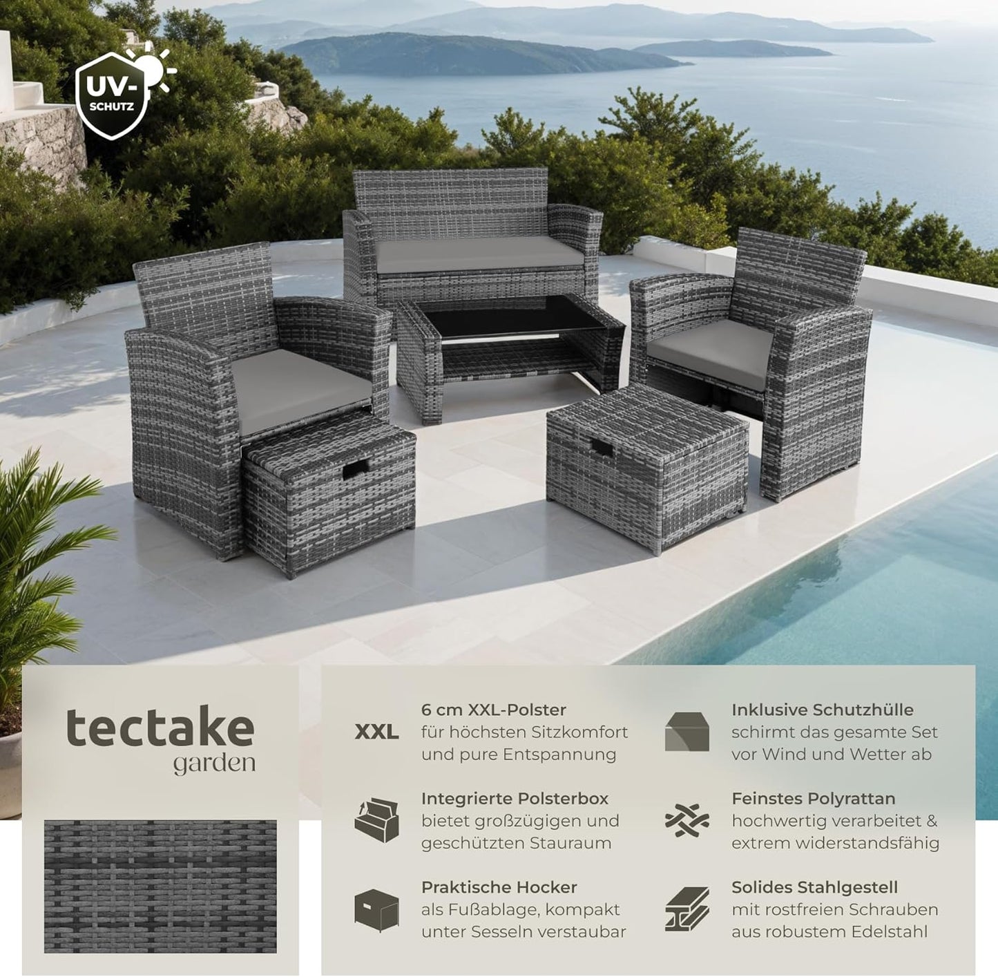 tectake Polyrattan Garten Lounge Set 4 Personen mit Hocker & Auflagenbox, Outdoor Sitzgruppe mit Tisch & Kissen, Balkonmöbel